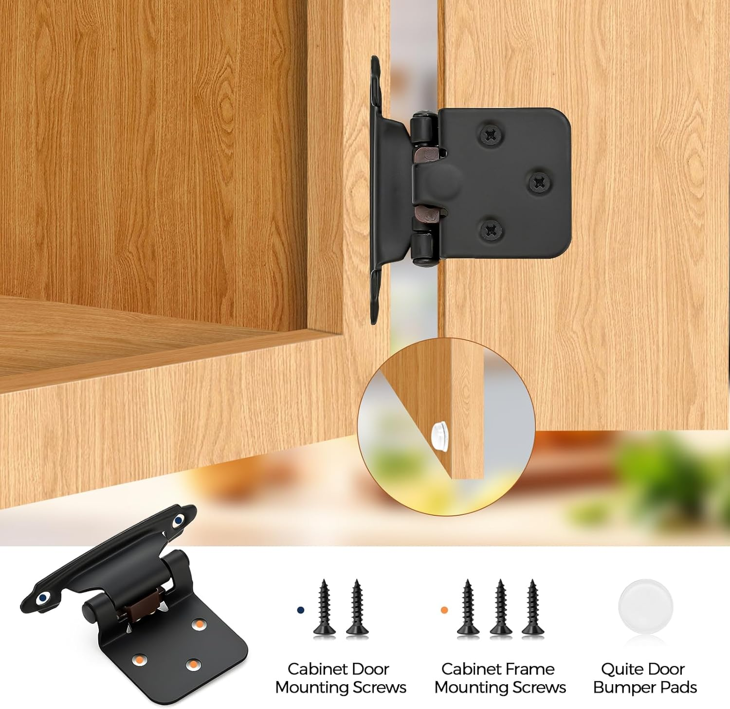 Home Expert 30 Pack (15 Pairs) Matte Black Cabinet Hinges for Kitchen Doors, Self-Closing, 1/2 Inch Overlay (Variable), Semi-Concealed Face Frame, Surface Mount Cabinet Hardware - 50, Gold image number 5