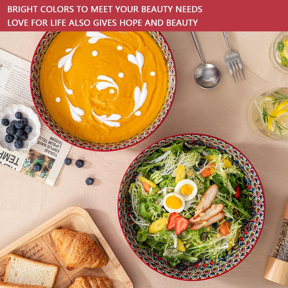 HYAVIA 10-Inch Red Porcelain Bowls &ndash; Microwave & Dishwasher Safe Cereal, Soup, and Salad Bowls for Ramen, Pasta, Dessert, Giftable Kitchen Dishware