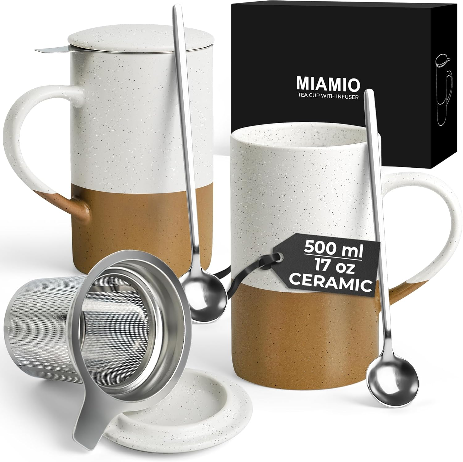 MIAMIO - Tea Cup Set 2 X 500 Ml with Infuser and Lid/Ceramic Tea Mug with Infuser and Spoon for Steeping Loose Leaf Tea, Gifts for Tea Lovers - Microwave & Dishwasher Safe (Blue)