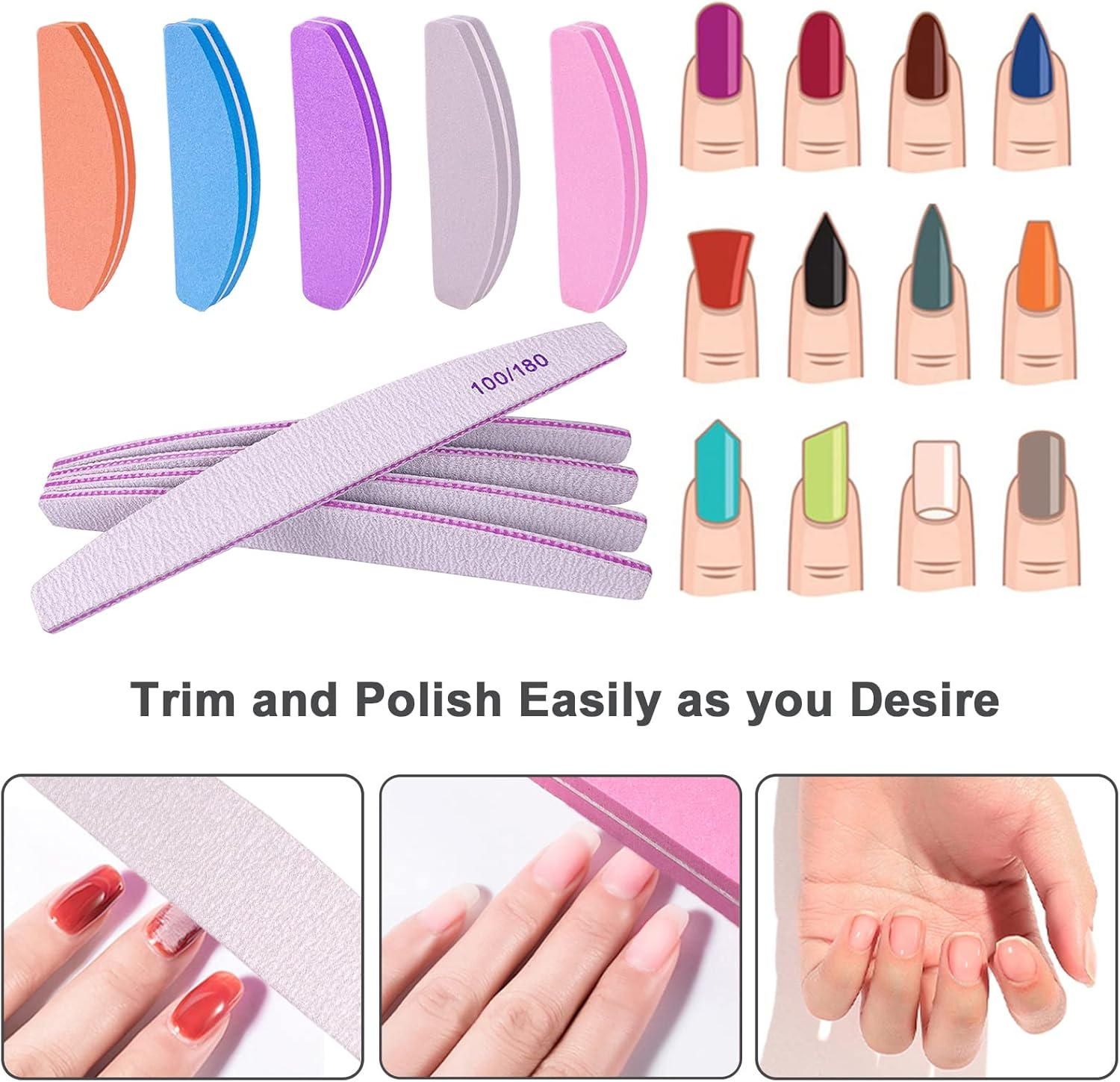 Nail File and Buffer (10 Pcs), Buffer Block Nail Files Double Sided 100/180 Grit for Acrylic and Natural Nails, Fingernail Emery Board Buffing Blocks Manicure Set Nail Care Kit Tool Halfmoon Arc image number 2