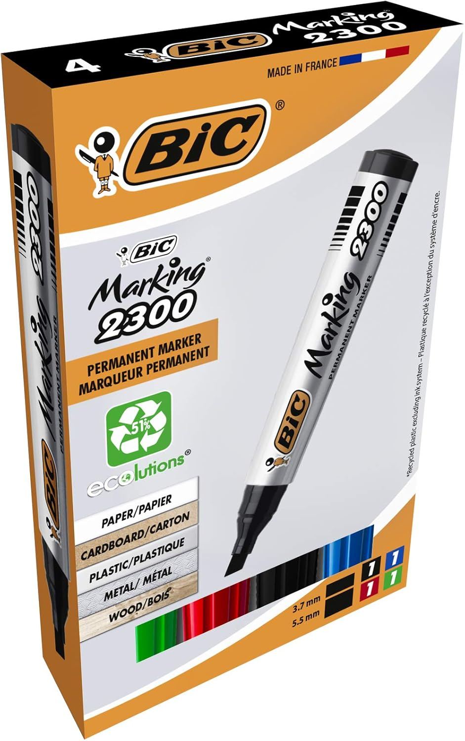 BIC Marking 2300 Ecolutions Permanent Markers Medium Chisel Tip Markers - Assorted Colours, Pack of 4, 68954BC image number 3