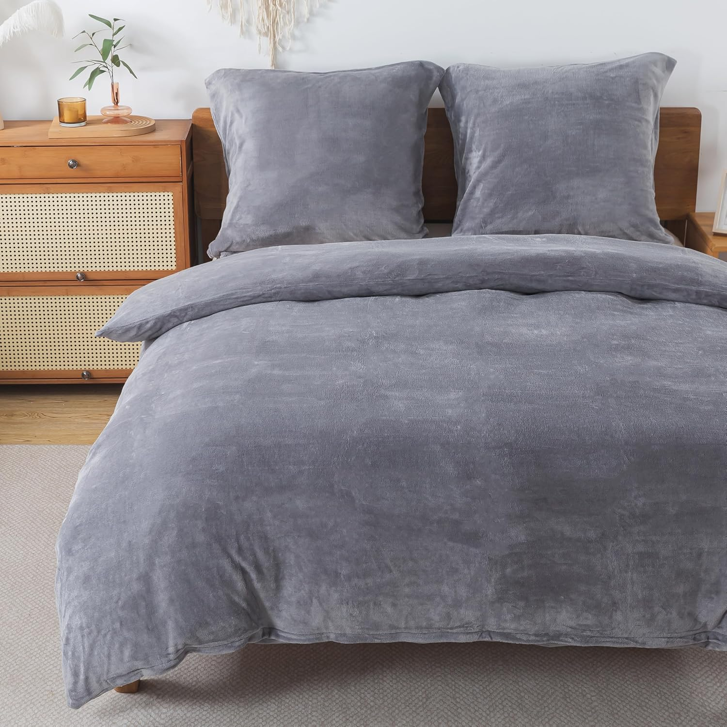 Rongrongin Fluffy Bed Linen 155 X 220 Cm Grey - Autumn Winter Duvet Cover Fleece with 1 Pillowcase 80 X 80 Cm, Warm Soft Cuddly Bedding Set with Zip, Winter Bedding for Single Bed image number 2
