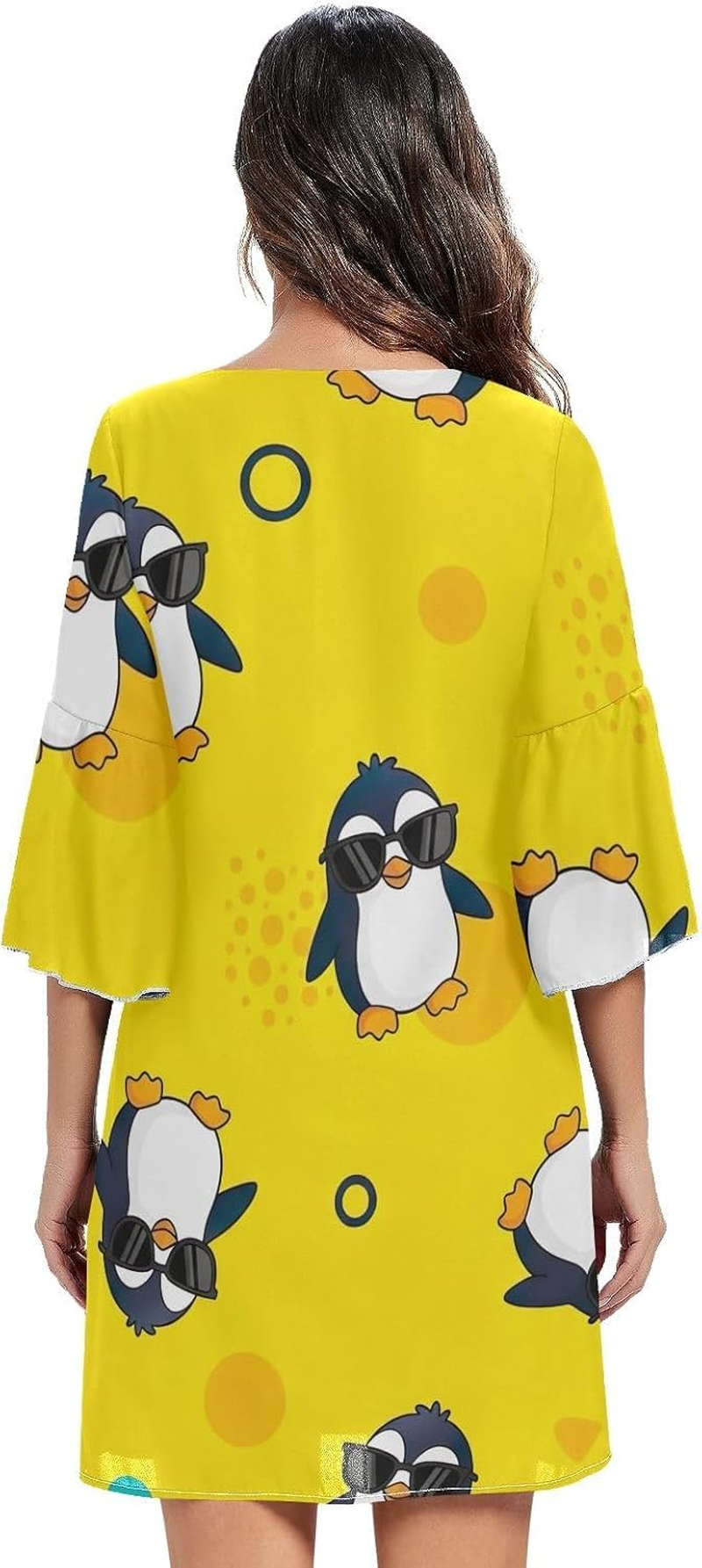 Cartoon Penguins Yellow V Line Dress 3/4 Sleeve Maternity Dress Party S-XXL image number 3