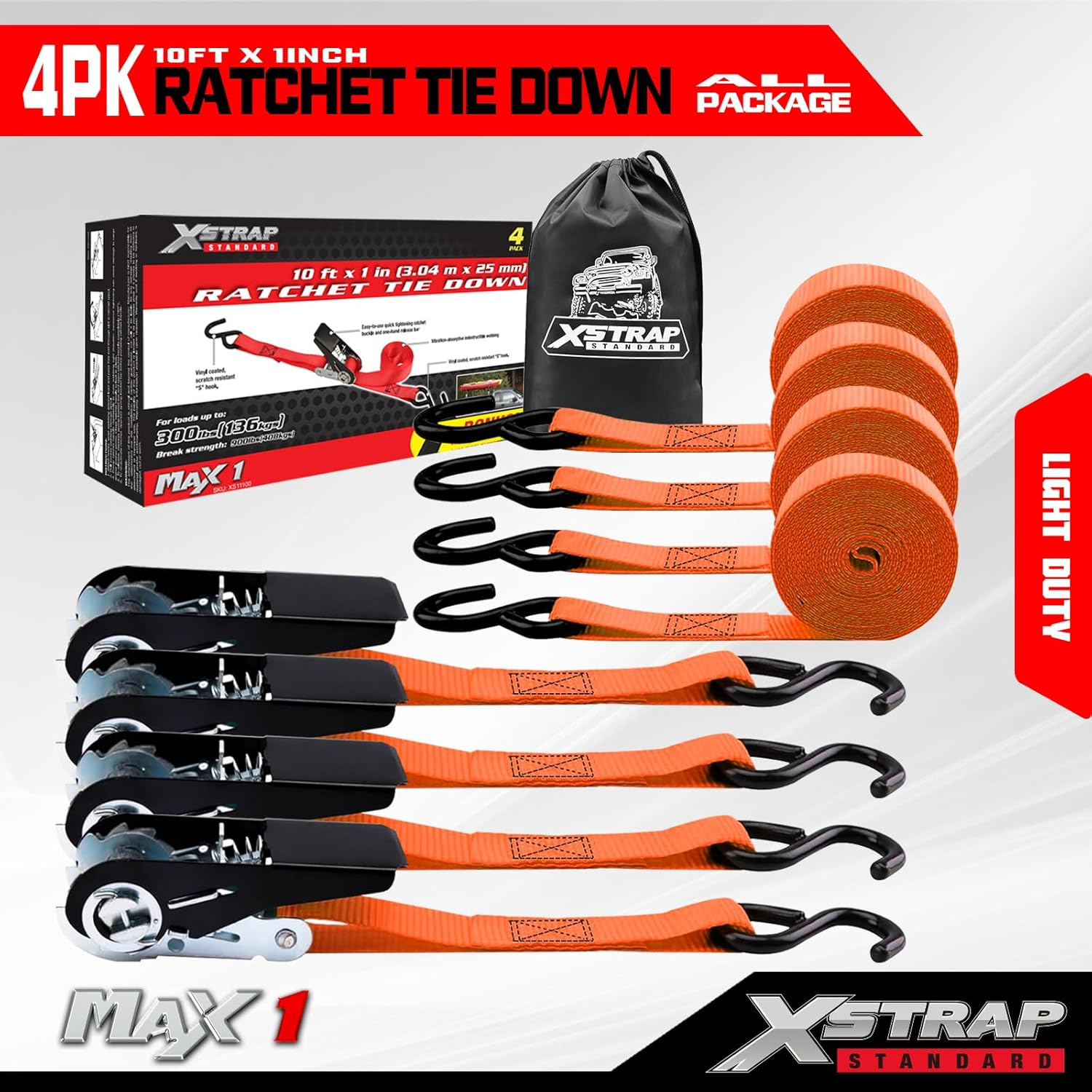 XSTRAP Standard Ratchet Tie down Straps 4PK 10 Ft- 300 Lbs Load Cap- 900 Lbs Break Strength-Cargo Straps for Moving Appliances, Lawn Equipment, Motorcycle Orange image number 5