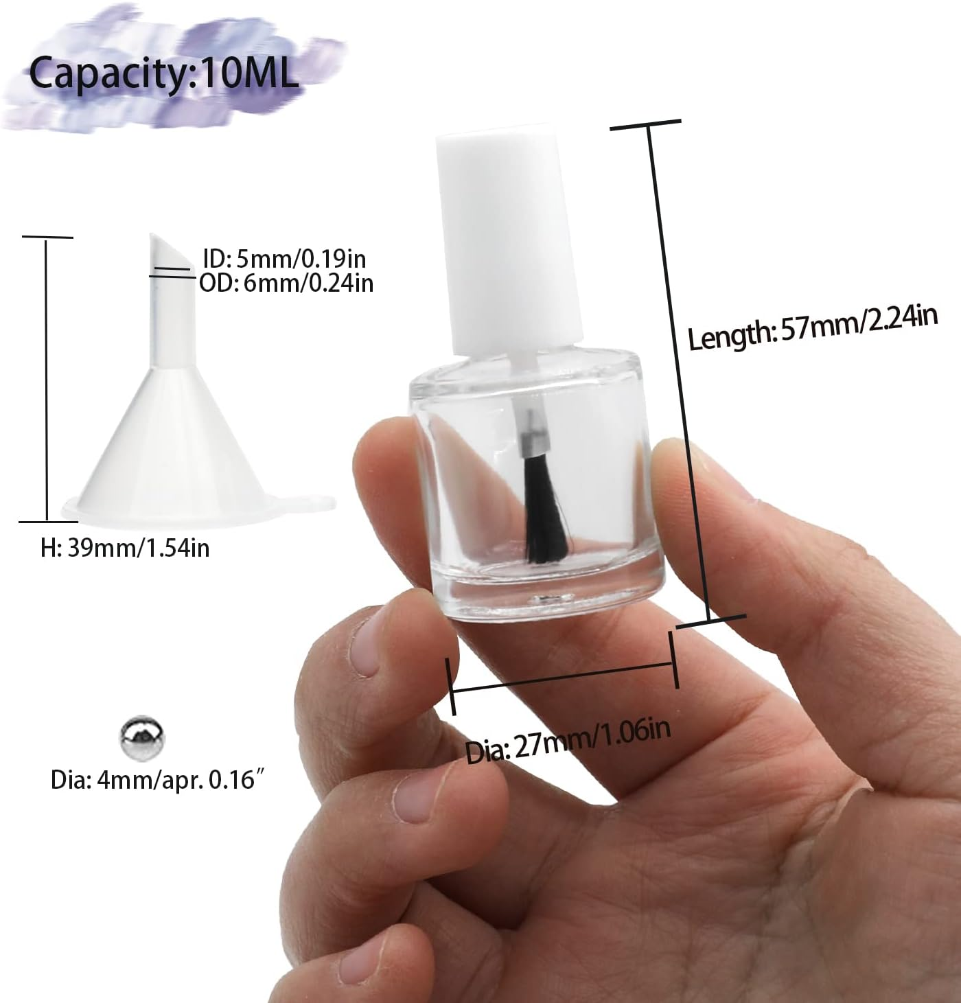 Agidea 20PCS Empty Nail Polish Bottles with Brush White Cap, 10ML Empty Clear Glass Refillable Nail Fingernail Polish Bottles Circle with Mixing Beads & Funnels, 0.35 OZ image number 1