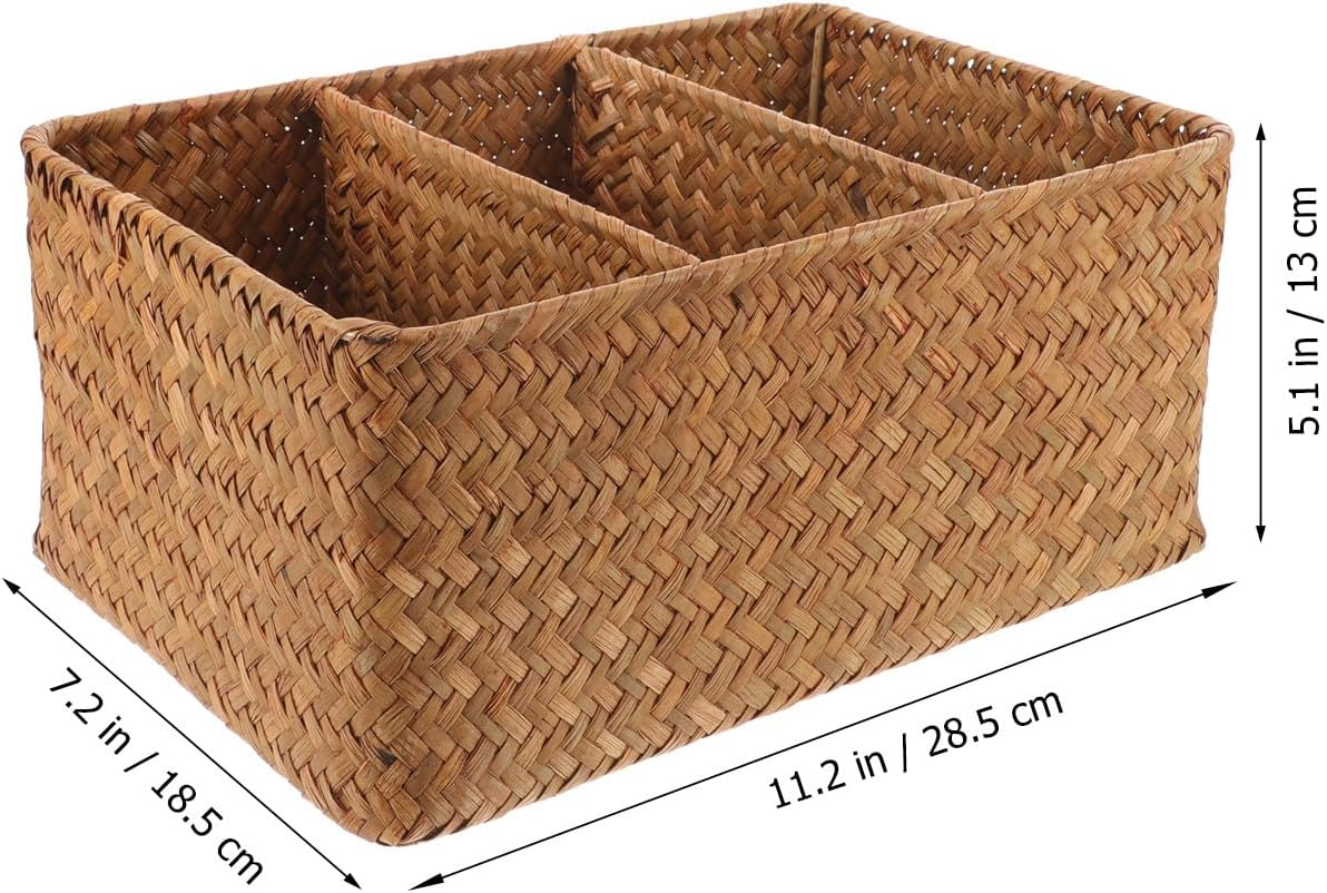 ULTECHNOVO Seagrass 3-Compartment Storage Basket with Dividers, Hand-Woven Long Organizer Basket for Bathroom and Kitchen Counter, 28.5&times;18.5&times;13Cm High Storage Bin image number 1