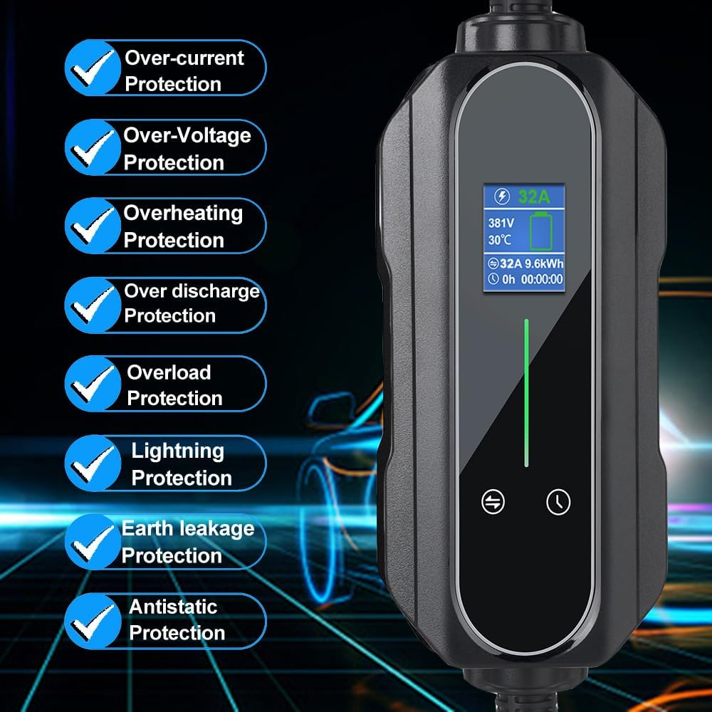 Portable Type 2 Charging Cable 5 PIN RED CEE 32A 22KW Model 2 Three Phases Adjustable Current 10A/16A/20A/24A/32A, Timing Delay 1-12 Hours IP65 Max Waterproof Level, EV Home Ev Charger Type 2 image number 3