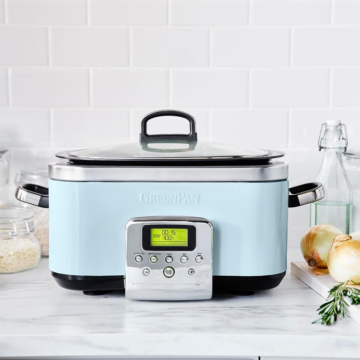 Greenpan Slow Cooker Blue Haze, 6L Dishwasher Safe Pot, Vibrant LCD Display, Easy One-Touch Presets, One-Step Browing, Extra-Tough Exterior, Countertop Friendly image number 6