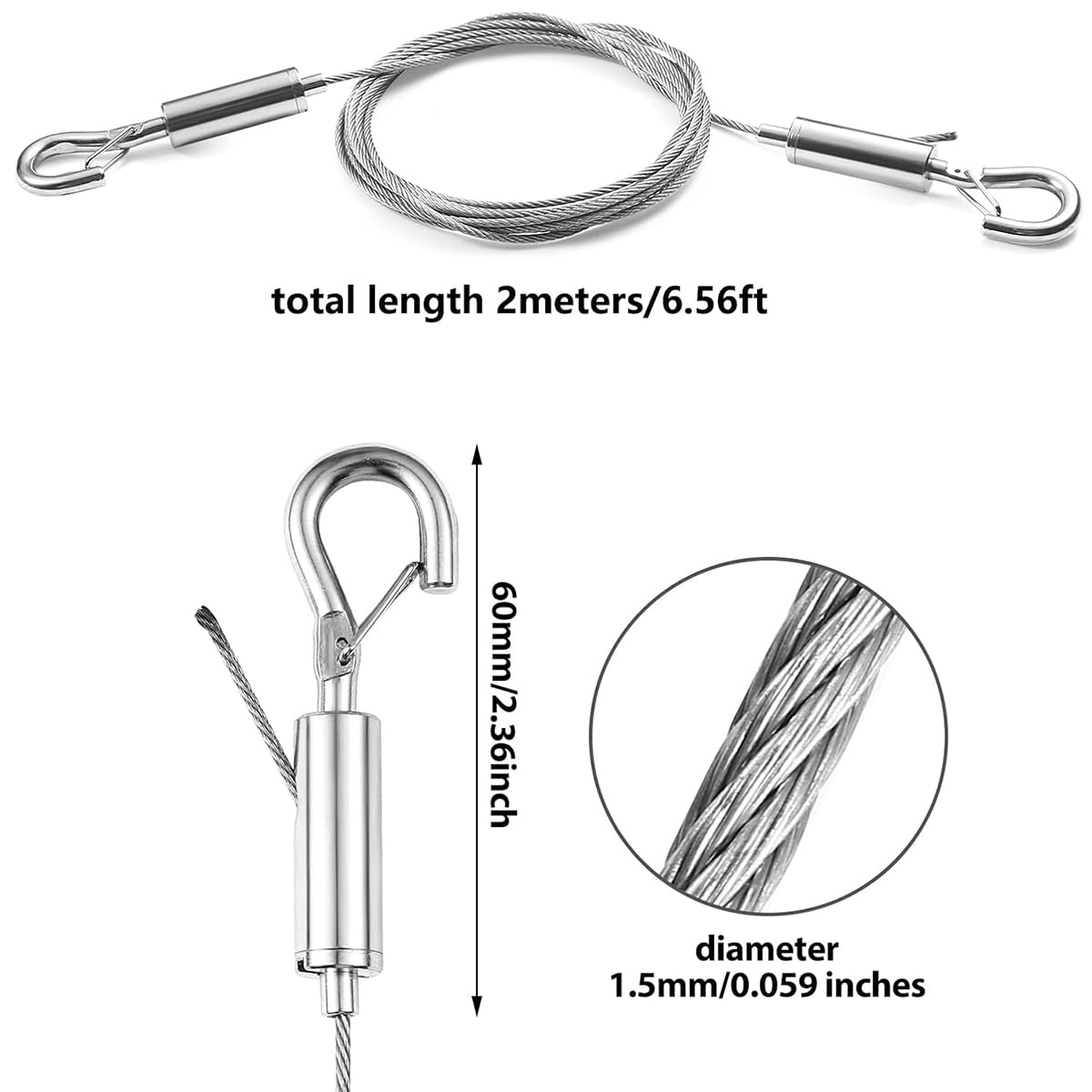 2 Pack Adjustable Picture Hanging Wire, 2M X1.5Mm Stainless Steel Wire for Hanging Mirror, Picture, Light Lamp