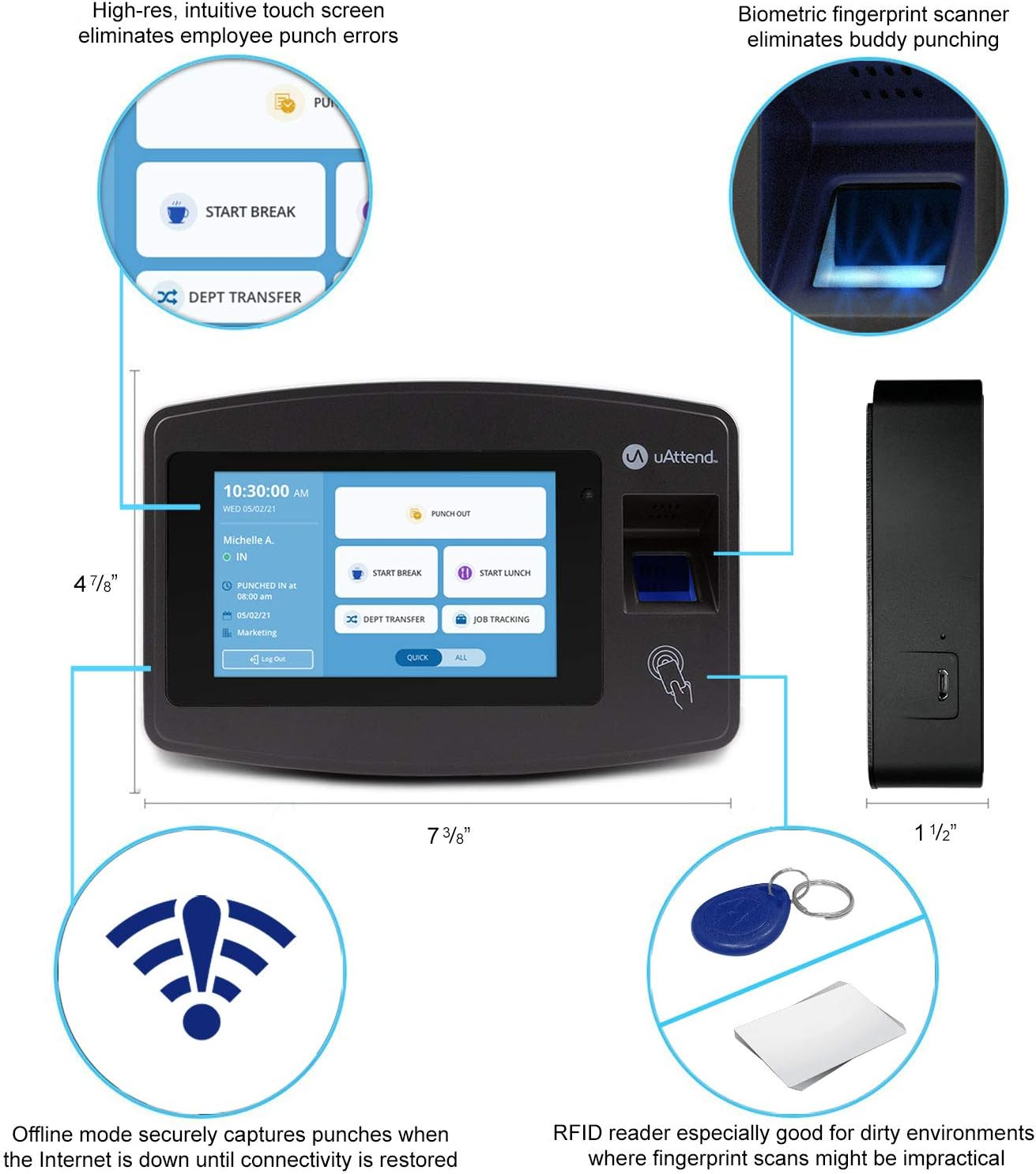Uattend JR2000 Cloud Connected Biometric Attendance System: Fingerprint Time Clock, RFID & PIN Punch Clock for Small Business image number 1