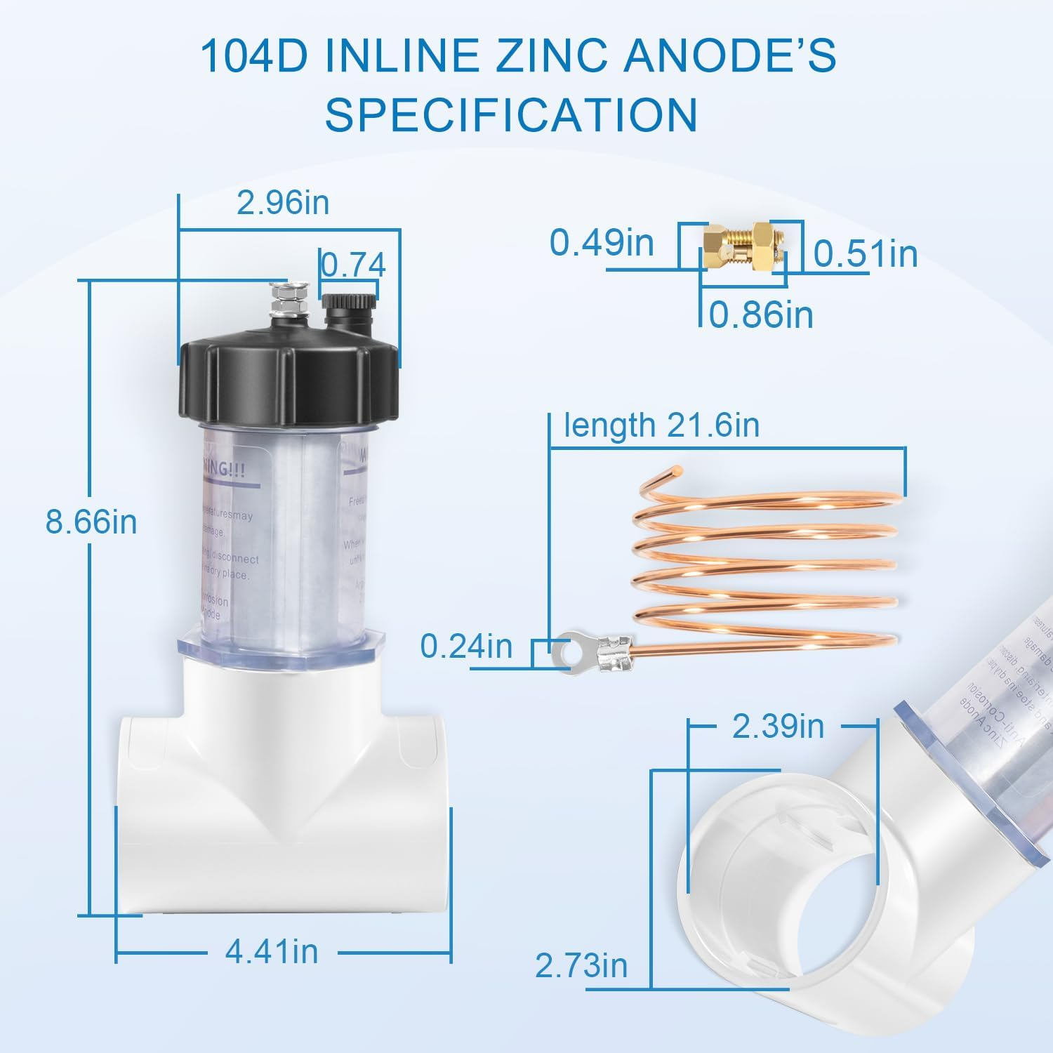104-D Pool Inline Zinc Anode Replacement 2'' for Saltwater Pools &ndash; Anti-Corrosion Sacrificial Anode with Copper Wire (Fits 104D/104-D, Protects Metal Parts) image number 1