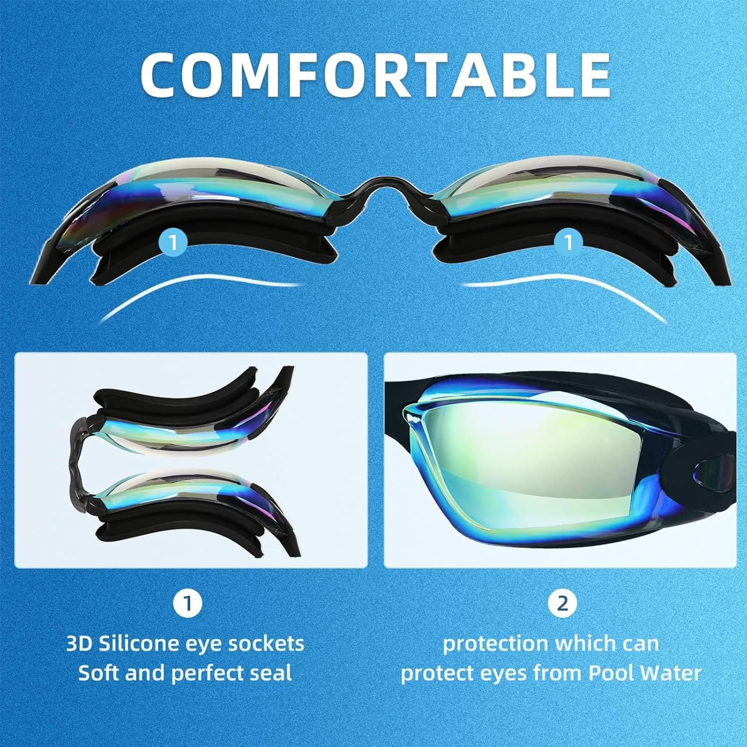 4 in 1 Swimming Goggles Set, Professional Swim Goggles HD Lenses, UV Protection No Leaking anti Fog,Adjustable Size Swim Goggles with Nose Clip,Swim Cap, Earplugs, Case,Suitable Adult/Children image number 1
