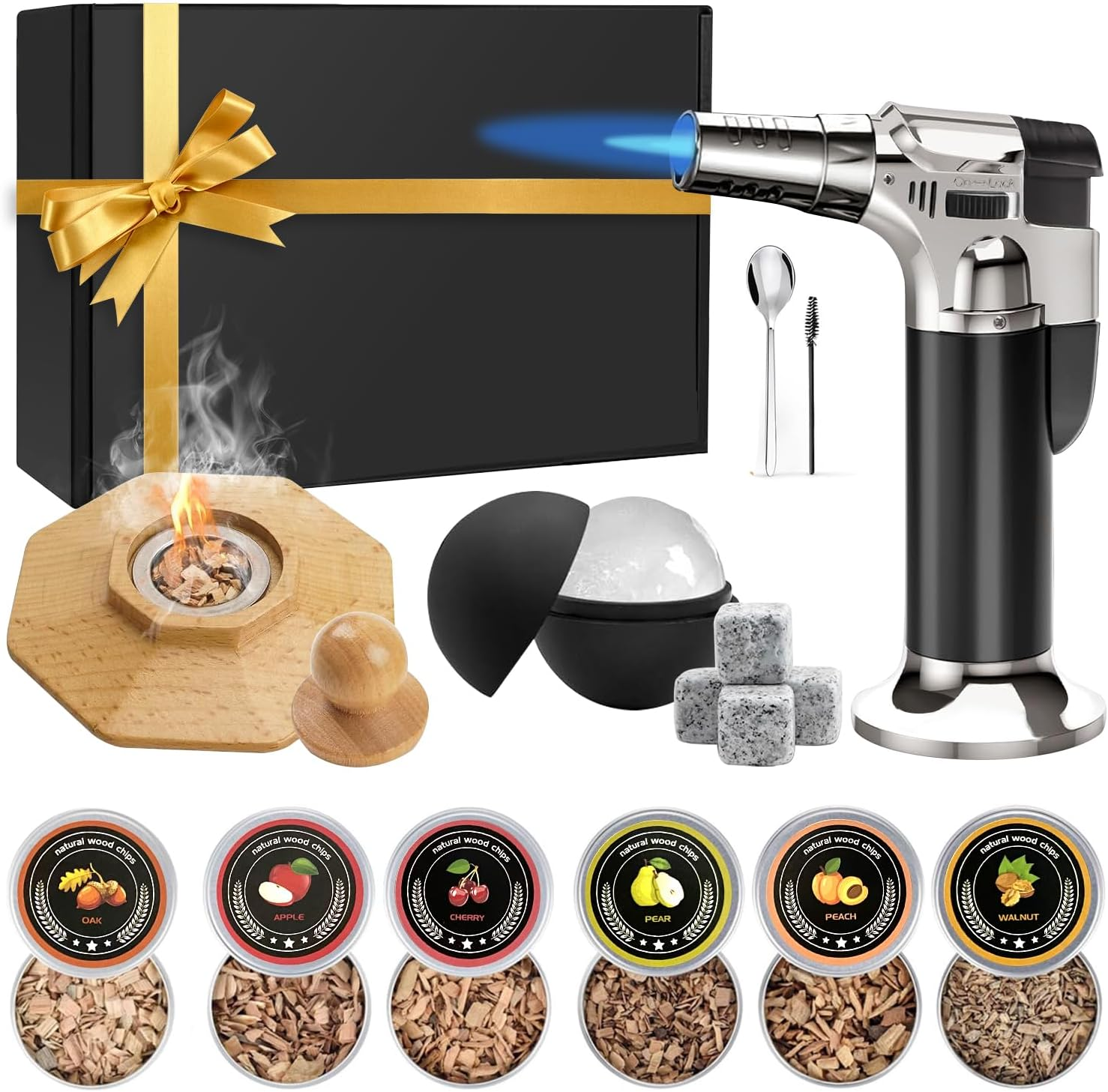 Whiskey Smoker Kit with Torch, Old Fashioned Cocktail Smoker Kit, Christmas Birthday Gifts for Him Dad Men Husband Grandpa, 6 Flavors Wooden Chips, 4 Granite Whiskey Stones, Ice Ball Included image number 3