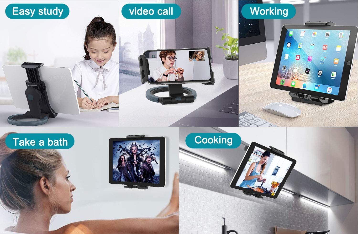 Tablet Stand Adjustable - Cenawin Foldable Tablet Holder, Kitchen Tablet Wall Mount Universal Desktop Stand with Aluminum Arm for 4.7-12" Tablet, Compatible with Ipad Pro/Air/Mini, Phone, Switch image number 1