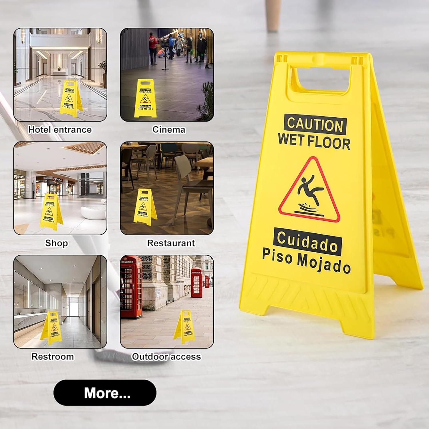 Professional Caution Wet Floor Sign, 4-Pack, Double-Sided A-Frame, Yellow, 17.5 Inch Height, Bilingual Warning Message image number 3
