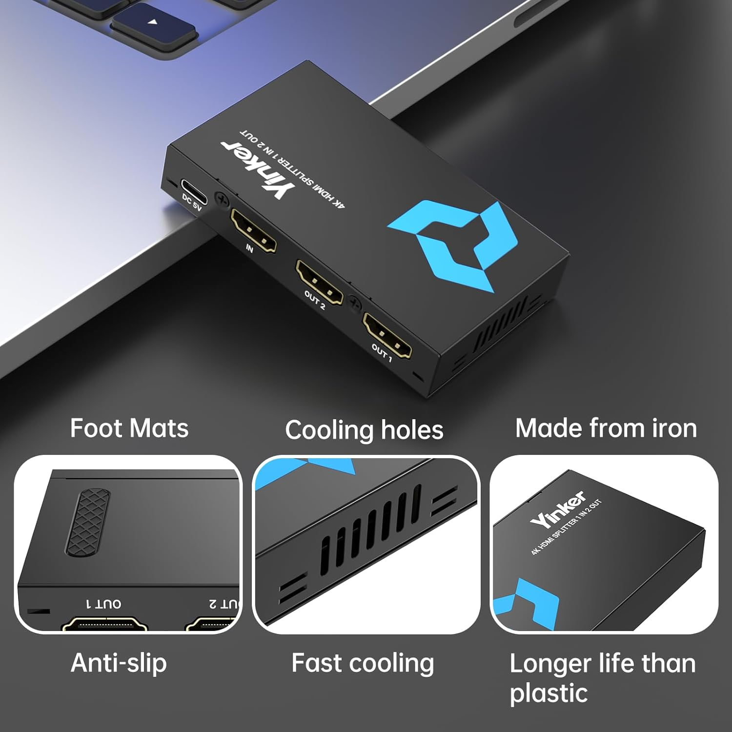 4K HDMI Splitter 1 in 2 Out, 4K@30Hz 1X2 Slim HDMI Splitter for Dual Monitors, 1 to 2 USB-C Powered Only Mirror for PS4 Fire Stick HDTV image number 3
