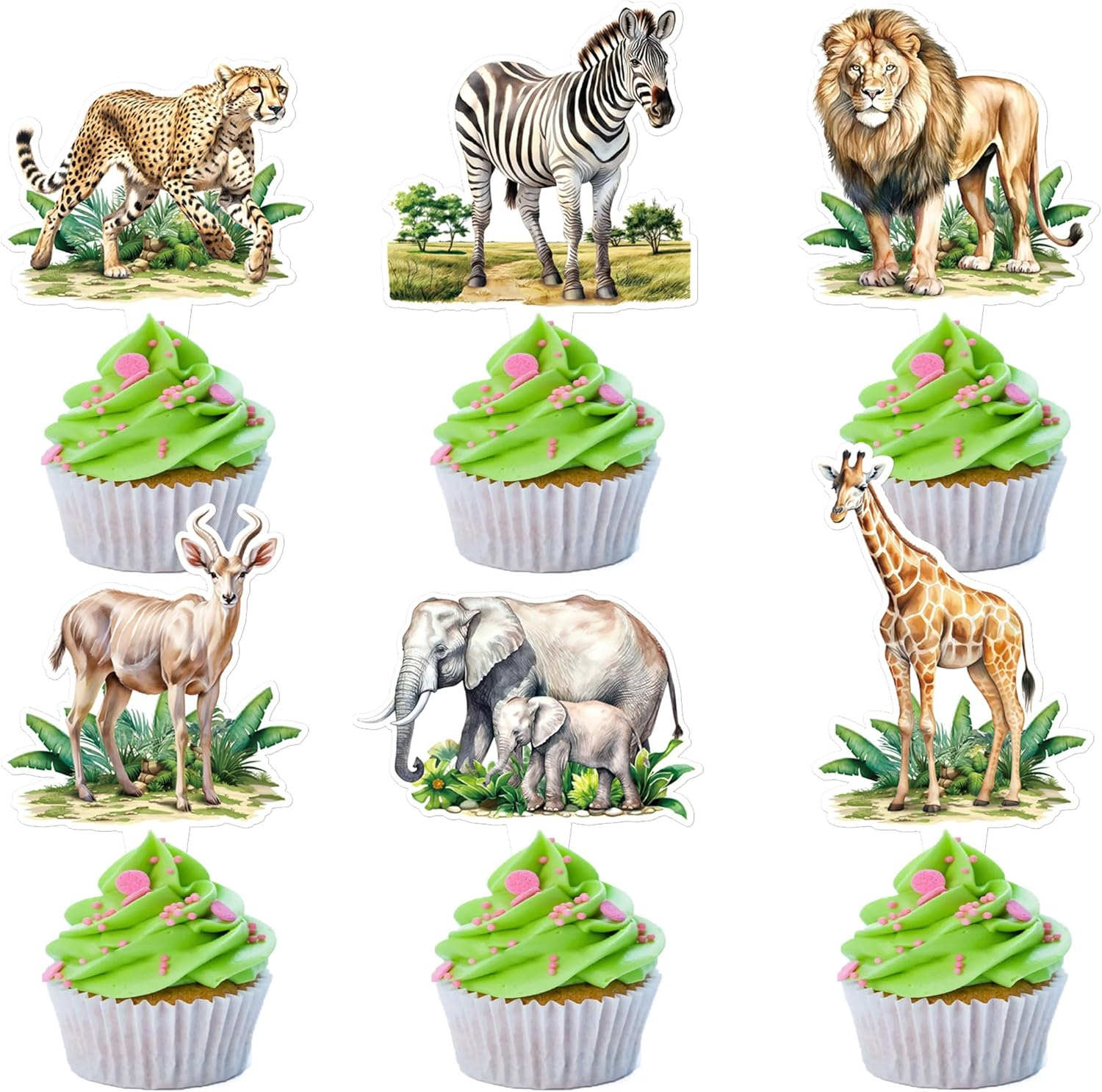 24Pcs Jungle Safari Animal Theme Cupcake Toppers Dessert Muffin Cake Picks Cake Decoration for Jungle Safari Themed Party Baby Shower or Birthday Party Decoration