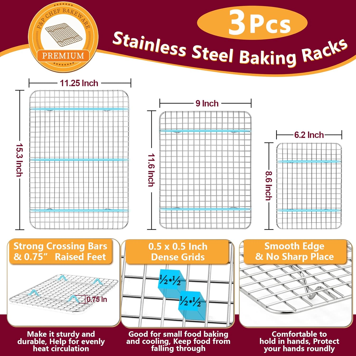 P&P Chef Baking Sheet and Rack Set, 6 Pack (3 Sheets + 3 Racks), 3 Sizes Stainless Steel Baking Pans Cookie Sheets with Cooling Racks for Cooking & Roasting, Oven & Dishwasher Safe, Healthy & Durable image number 5