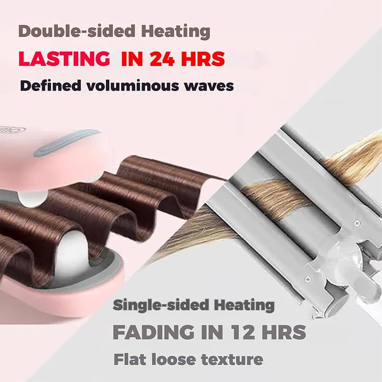 Homessencials Hair Styling Tool with Negative Ionic Technology,French Curls Iron,Wave Curling Iron,4 Gears Double-Sided Heating,Homessencials 3D Curling Iron for Quickly Creating Smooth Waves (Pink) image number 6