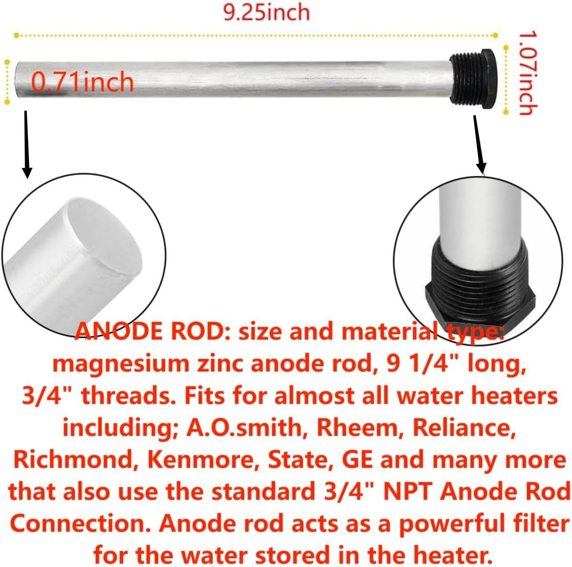 3Pack RV Water Heaters Magnesium Anode Rod 9.25"L X 3/4"NPT RV Hot Water Tank Anode Rod Replacement Part for Suburban 232767 image number 4