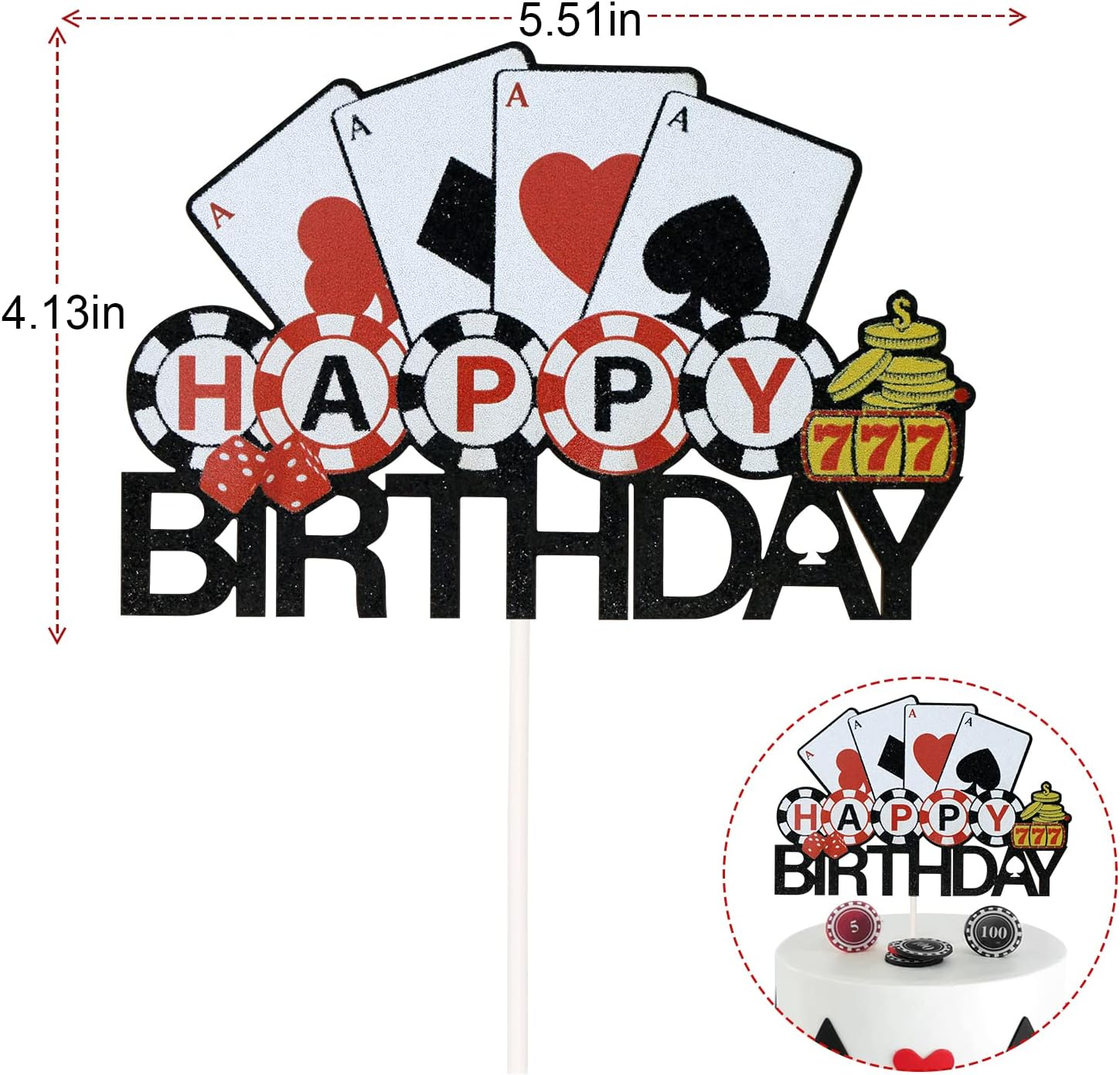 Casino Happy Birthday Cake Topper, Poker Theme Birthday Cake Decor, Las Vegas Party Supplies, Pre-Assembled, Double-Sided Glitter