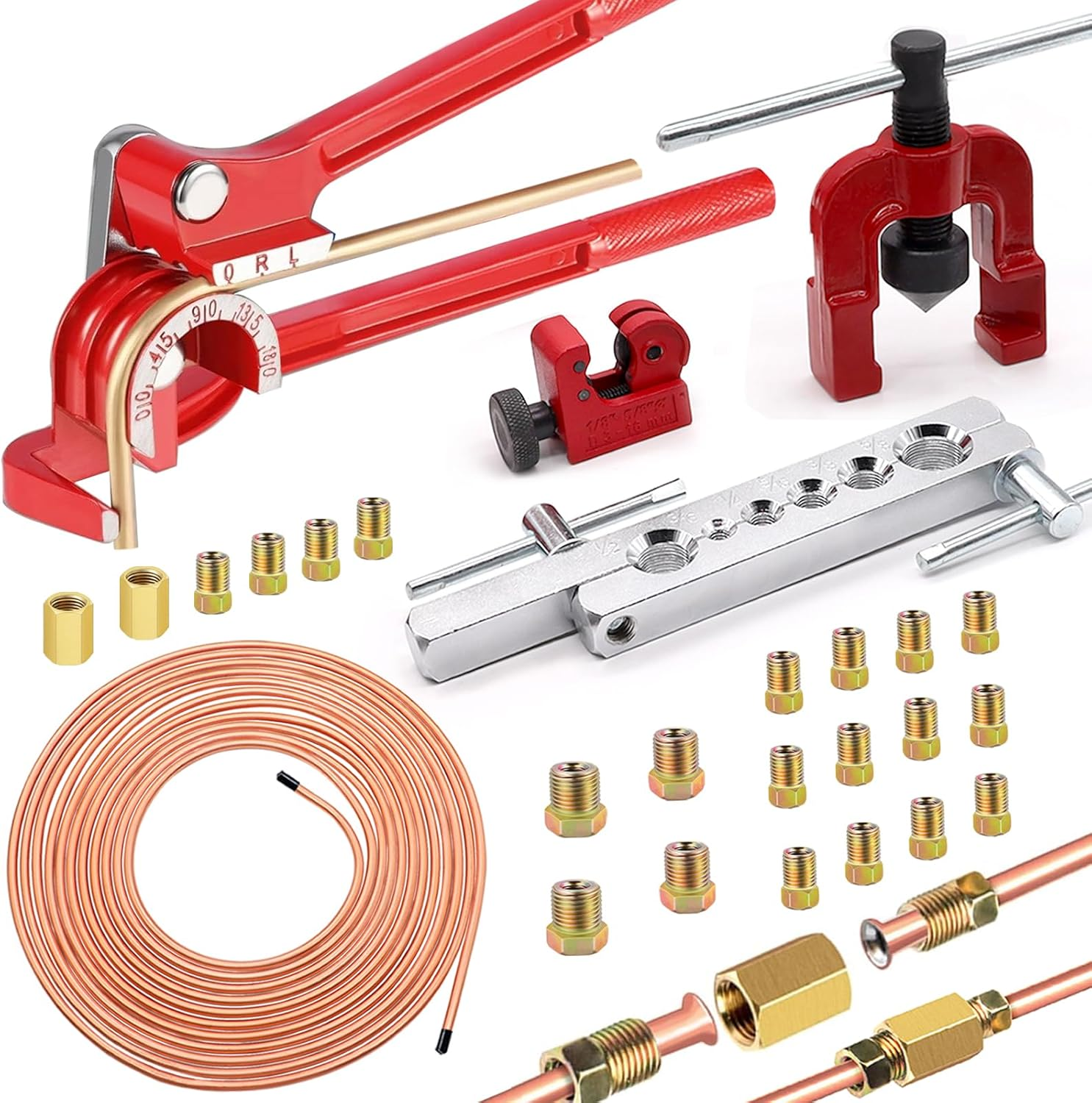 Smseace 26Pack 3/16 Inch Brake Line Kit Include 25 FT Copper-Plated Brake Lines with Fitting(16Pcs Fittings,2Pcs Union+4Pcs Nut) Brake Line Bender,Single Flare Tool,Cutter 3/16 Inch Brake Line Kit image number 1