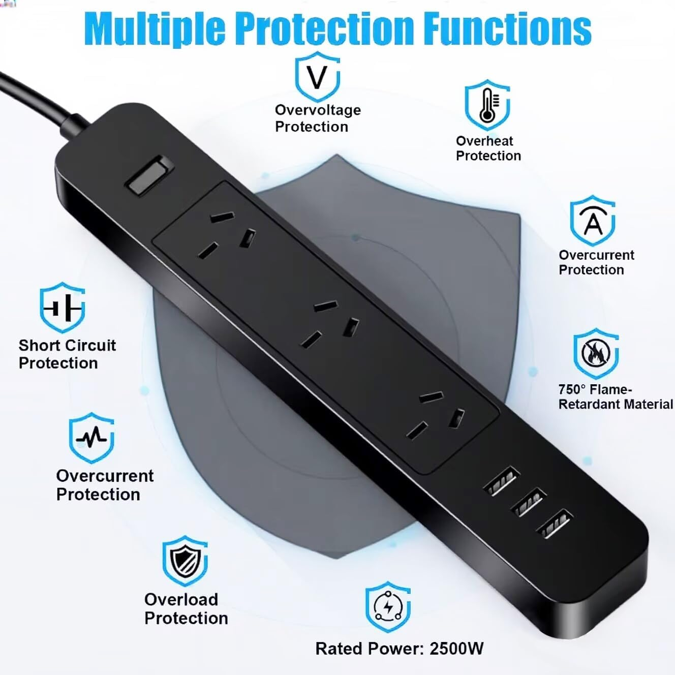 Power Strip Socket 3M Extension Cord Power Board with 3USB Port Charge for Sweeping Robot, Phone, Surge Protector Powerboard 3 AC Outlets, Max 2500W/10A, AU Plug Socket with Switch for Home (Black)