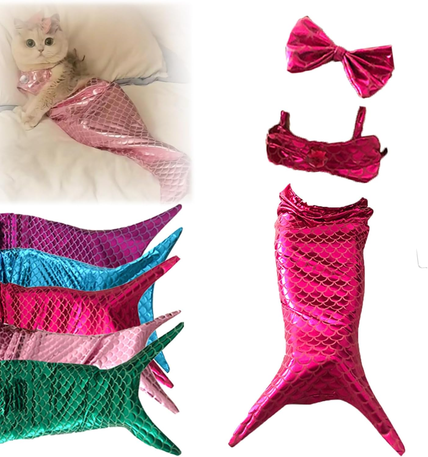 Cat Mermaid Costume, Cat Mermaid Outfit, Mermaid Costume for a Small Dog or Cat, Cat Mermaid Fishtail Decoration Clothes, Mermaid Cat Birthday Outfit, Creative Funny Photo Props (Red, L(5KG-10KG)) image number 1