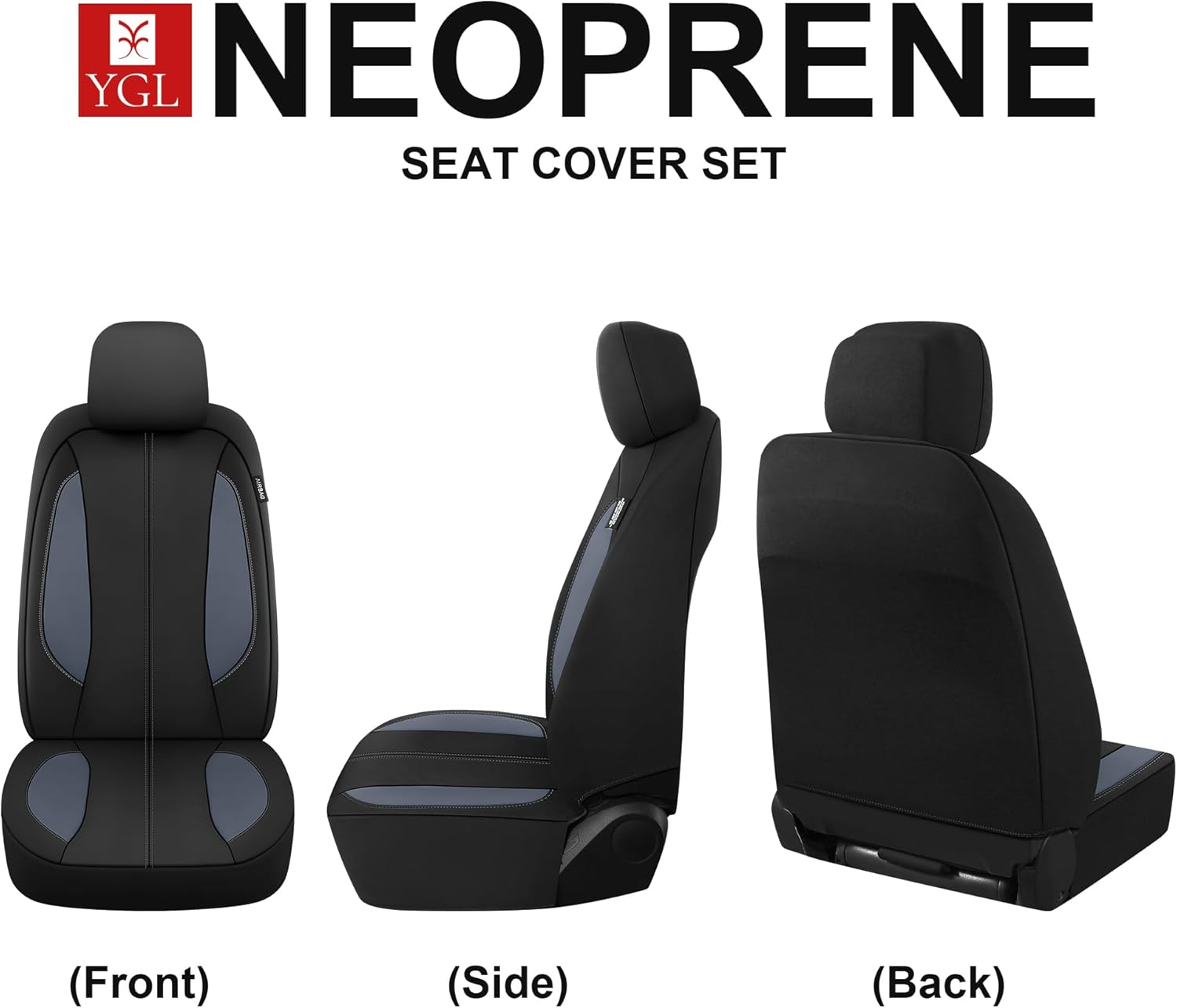 YGL Car Seat Covers for Front Seats,Waterproof Seat Covers for Cars,Durable Neoprene Car Seat Protectors,Interior Covers for Cars,Sedan Van Truck Suv(Black/Gray) image number 4