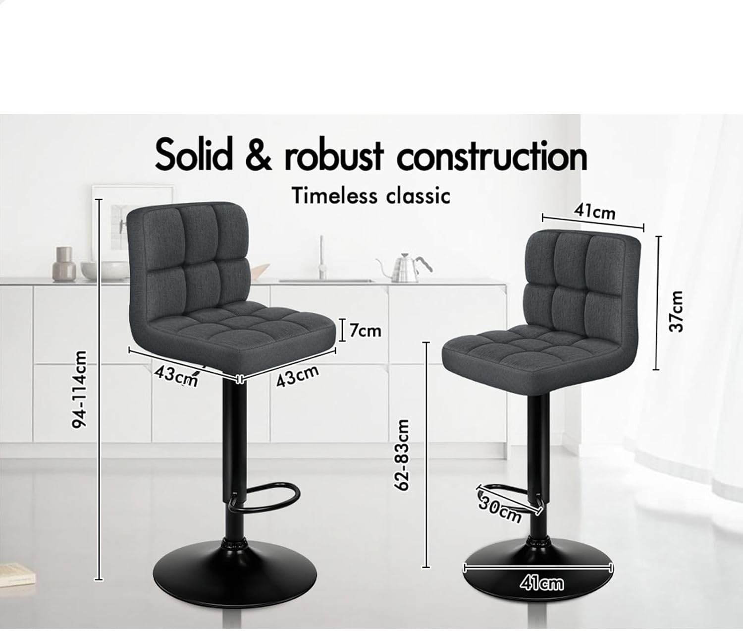 ALFORDSON Bar Stool Set of 2 Adjustable Kitchen Stools Ralph Swivel Counter Barstools Fabric Dining Chair in 62-83Cm Seat Height with Floor Protector for Home Bar Dining Room (Dark Grey)