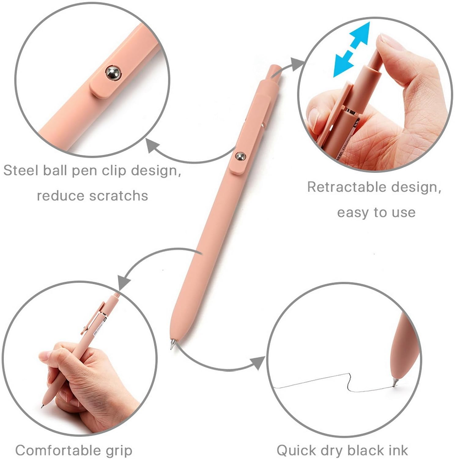 VOSO 5Pcs Retractable Gel Pens Quick Dry Ink Pens, Fine Point 0.5 Mm Cute Gel Ballpoint Pens, Black Ink Smooth Writing Comfortable Rolling Ball Gel Pens for School Office Home(Morandi) image number 6