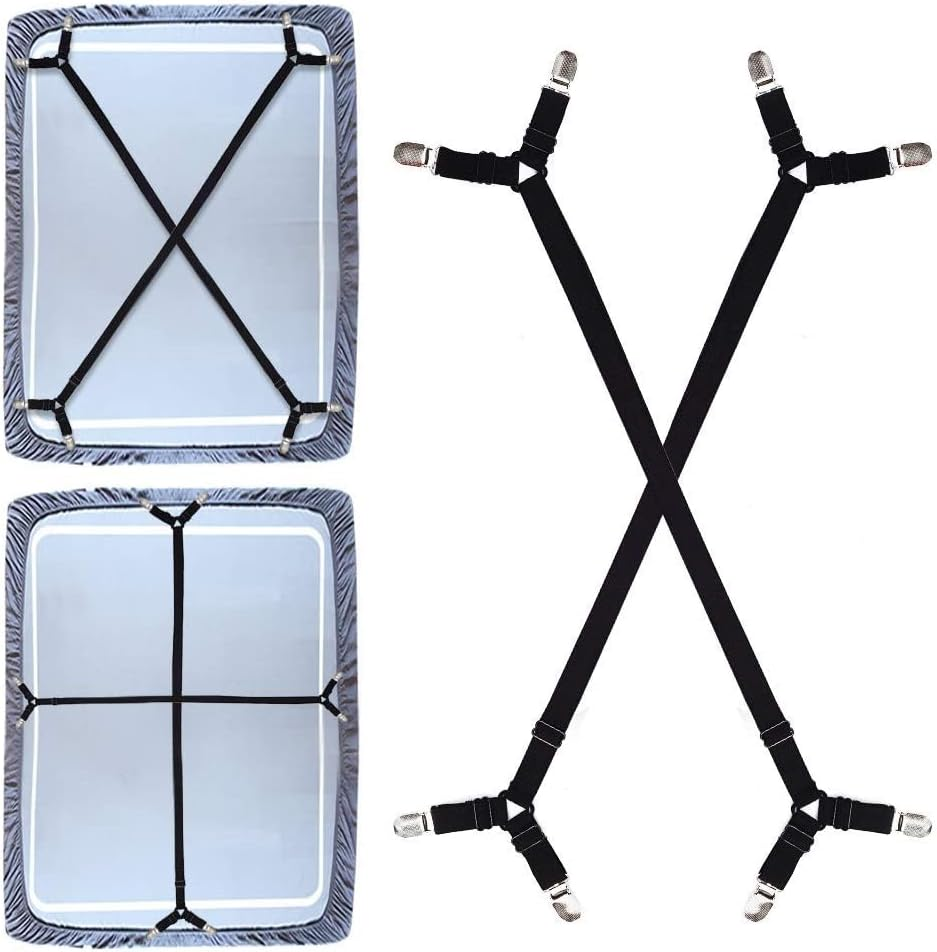H HOME-MART Sheet Suspenders - 2Pcs Adjustable Fitted Sheet Holder Straps, Clips, Fasteners - Crisscross Elastic Band Bed Sheet Clips for Secure Fit