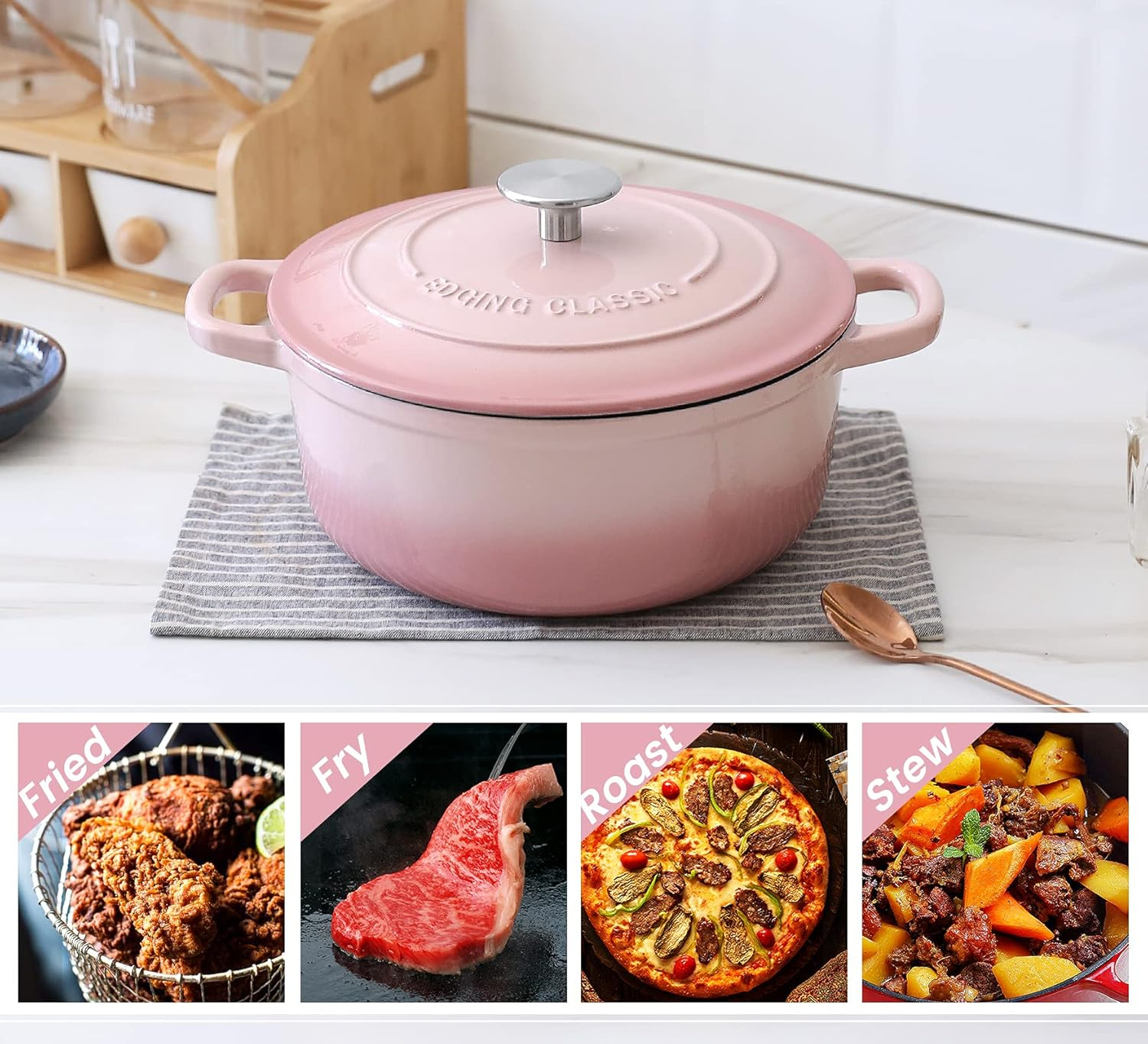 EDGING CASTING Enameled Cast Iron Covered Dutch Oven with Dual Handle, 3.5 Quart, Pink image number 6