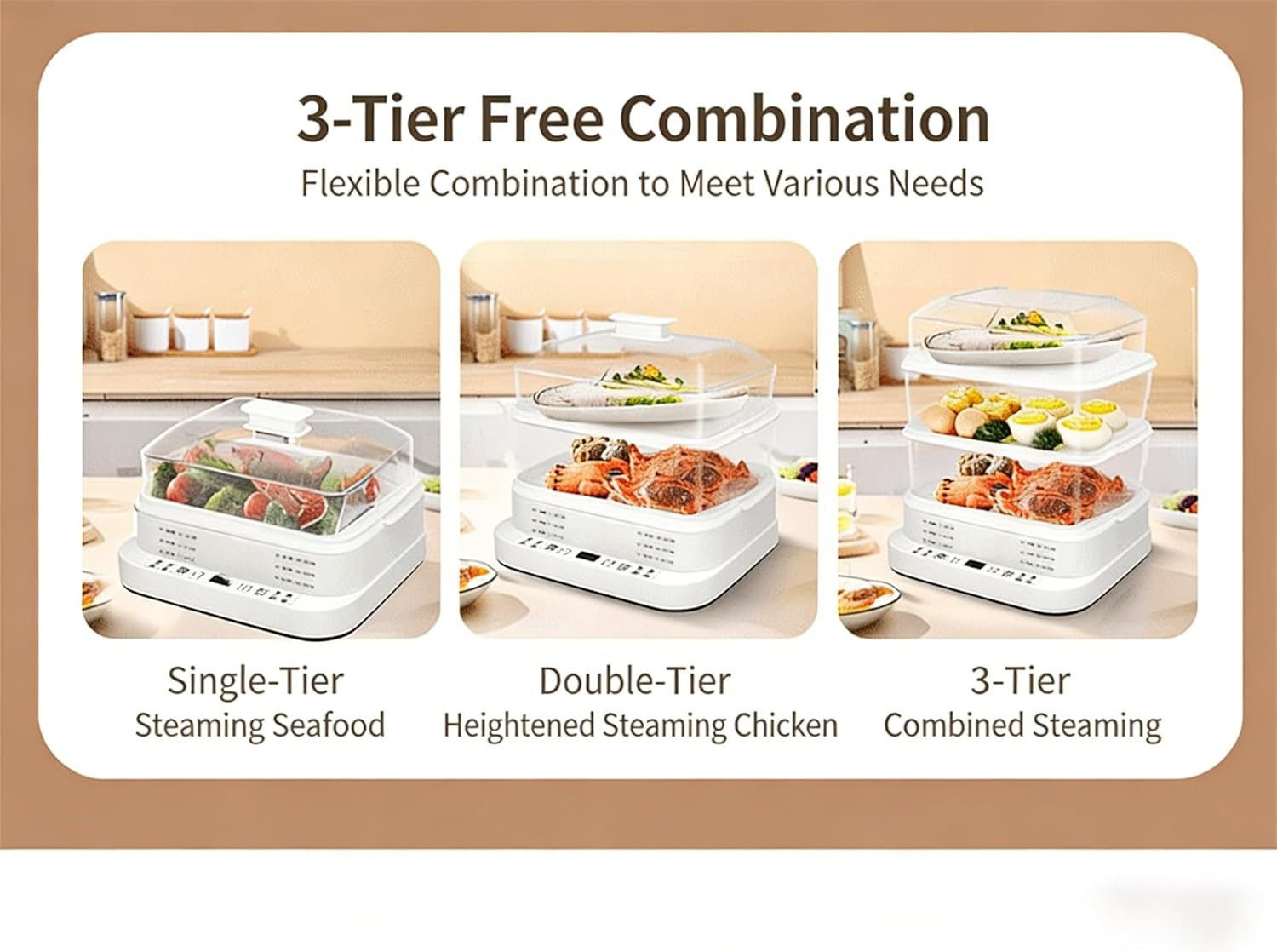 3-Tier 28L Electric Food Steamer, 800W, 220V, 50Hz, White, 320X285X400Mm, 12-Hour Smart Reservation, Multi-Function Steaming for Vegetables, Eggs, Chicken, Seafood image number 5