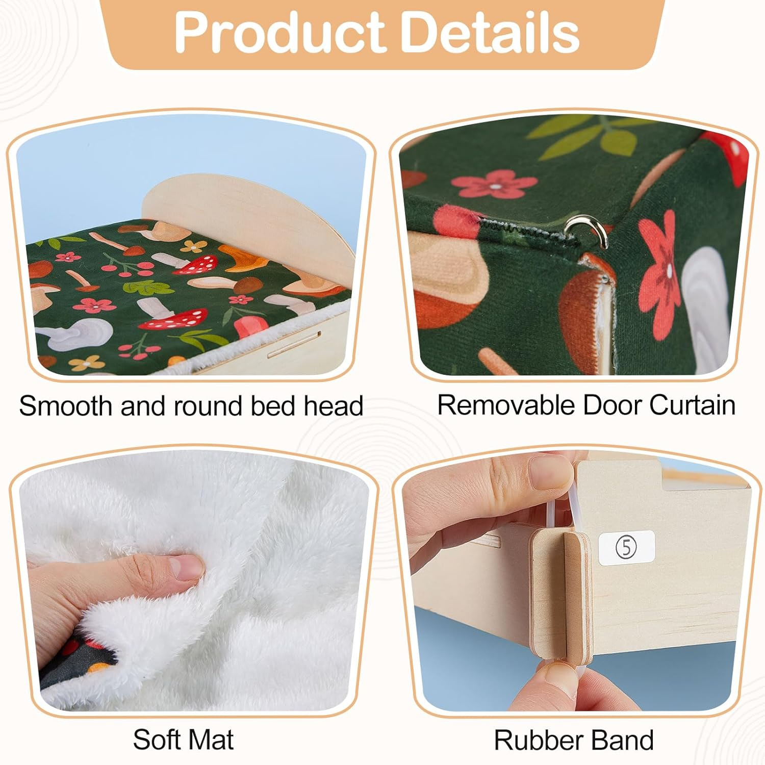 Hedgeink Guinea Pig Bed Wooden Hamster House with Waterproof Mat Rabbit Hideout Small Animal Hide Cage with Door Curtain for Hedgehog Chinchilla Bearded Dragon Ferret Bunny - Mushrooms image number 2