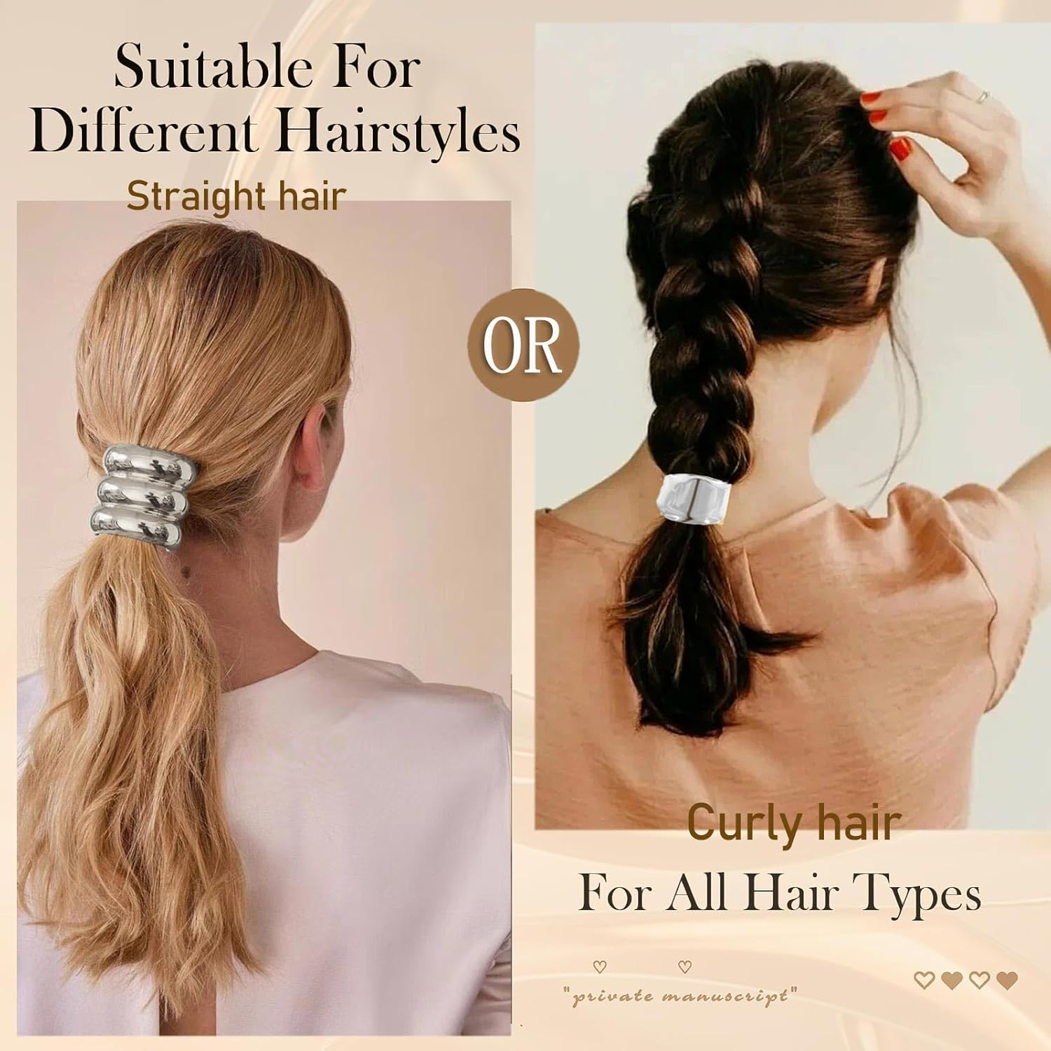 YUBBYSTU 3 Pcs Hair Cuffs for Ponytails, Metal Hair Ties for Thick Hair Ponytail Hair Cuff Silver Hair Ties Hair Wrap Hair Elastic Ties for Women Holder Hair Accessories image number 6