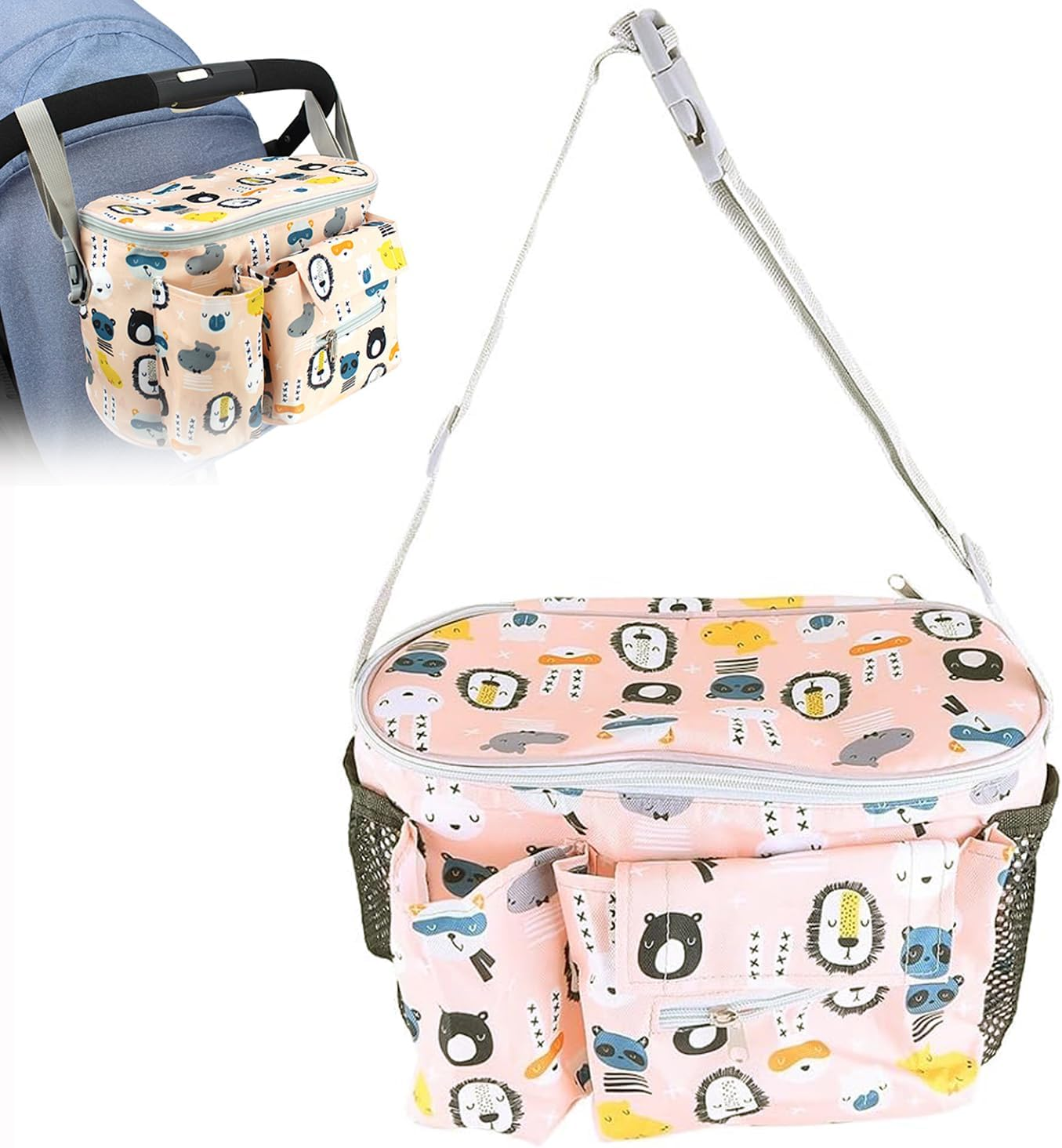 Baby Stroller Hanging Organiser Bag 12.2X7.8X5.9In Large Capacity Universal Waterproof Multi Pocket Diaper Storage with Tissue Dispenser Compact Design Universal Fit for Prams & Buggie(Dinosaur)