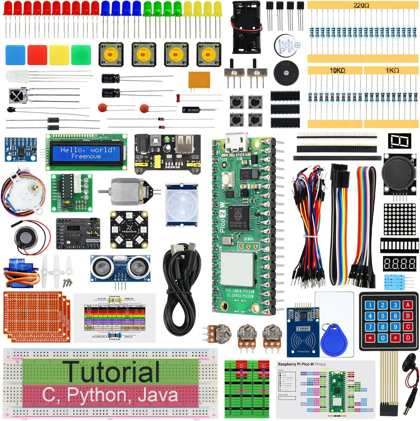 Freenove Ultimate Starter Kit for Raspberry Pi Pico 1 2 W (Not Included), 767-Page Detailed Tutorial, 220 Items, 119 Projects, Python C Java Code