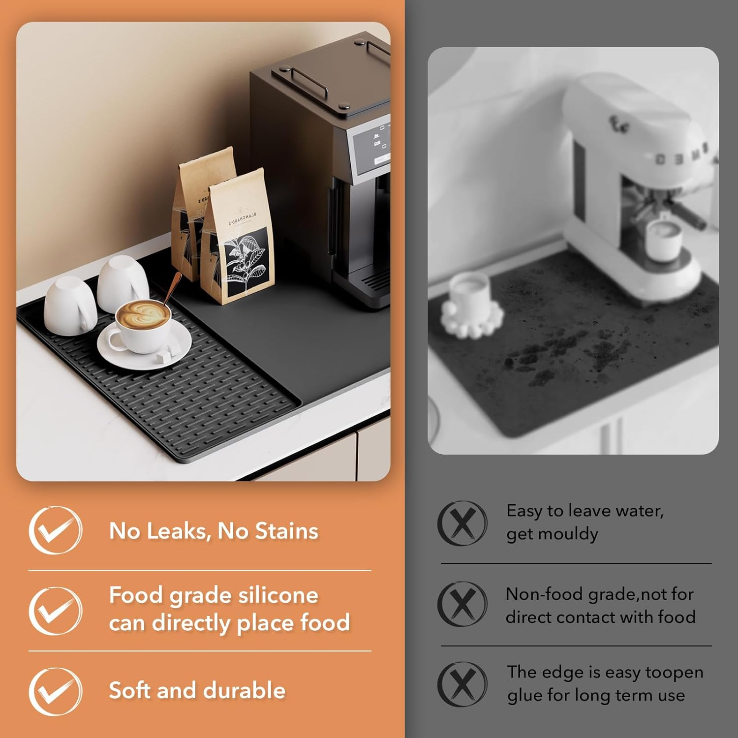 Silicone Coffee Mat with Detachable Dish Drying Mat for Kitchen Countertops, Coffee Bar, Accessories Fit under Coffee Maker Machine Coffee Pot Espresso Machine Dish Rack (Black, 40X60Cm) image number 3