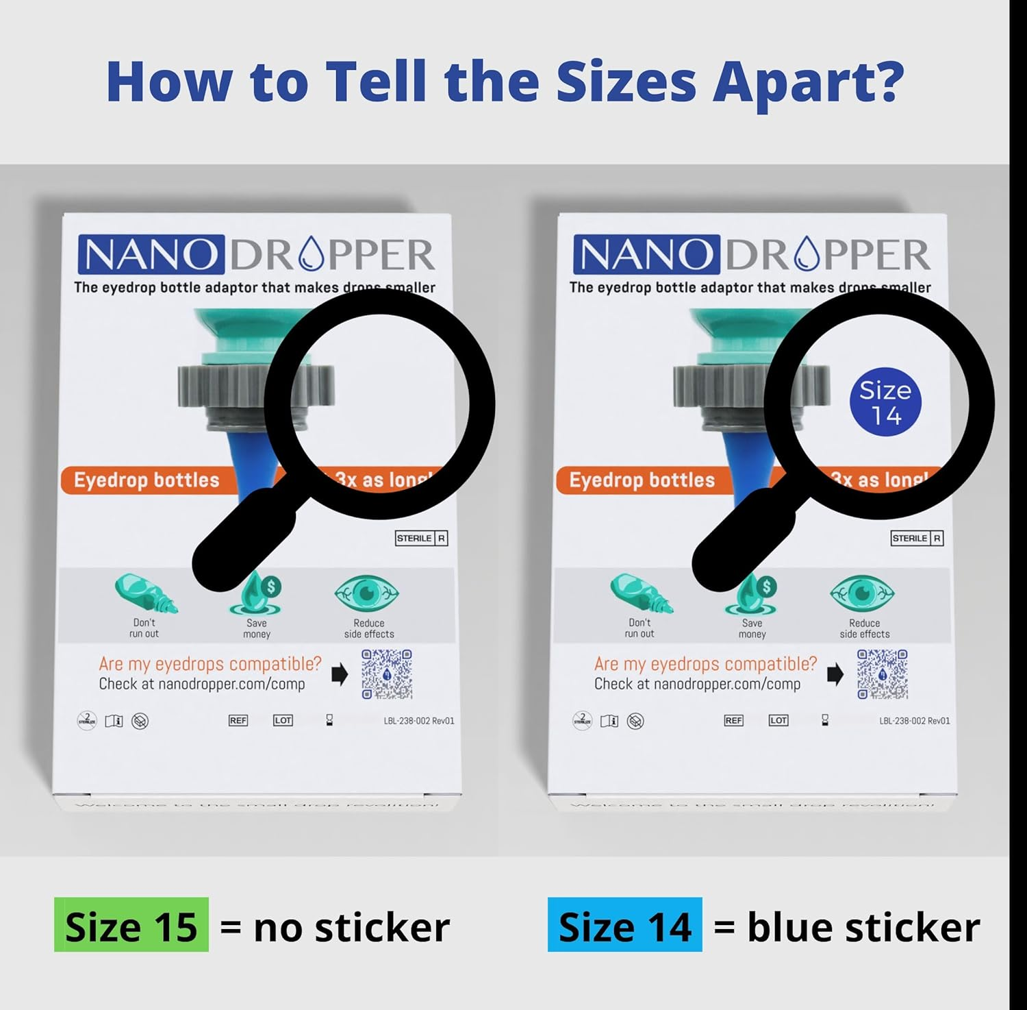 NANODROPPER Adaptor for Eyedrop Bottles - Volume Reducing Adaptor to Extend Bottle Life - SIZE 15