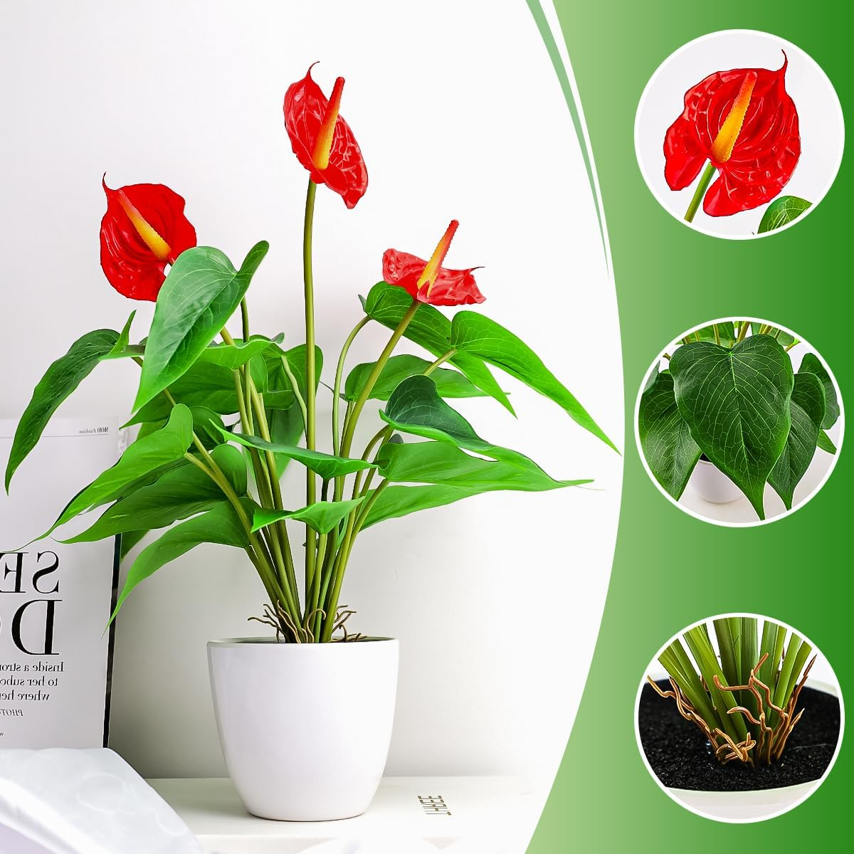 Folmywy Artificial Flower Plants Anthurium 38Cm Fake Potted Plant with Pot Red Faux Bonsai Tropical Flowers for Home Living Room Bedroom Office Indoor Outdoor Occasions Decor image number 6