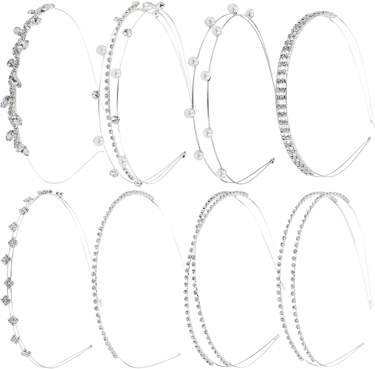8 Pack Rhinestone Pearl Glitter Sparkly Fancy Silver Metal Headbands Double Hair Bands Slim Thin Skinny Hard Hair Bands Crown Tiara Hair Holder Headpieces for Women Girls image number 6