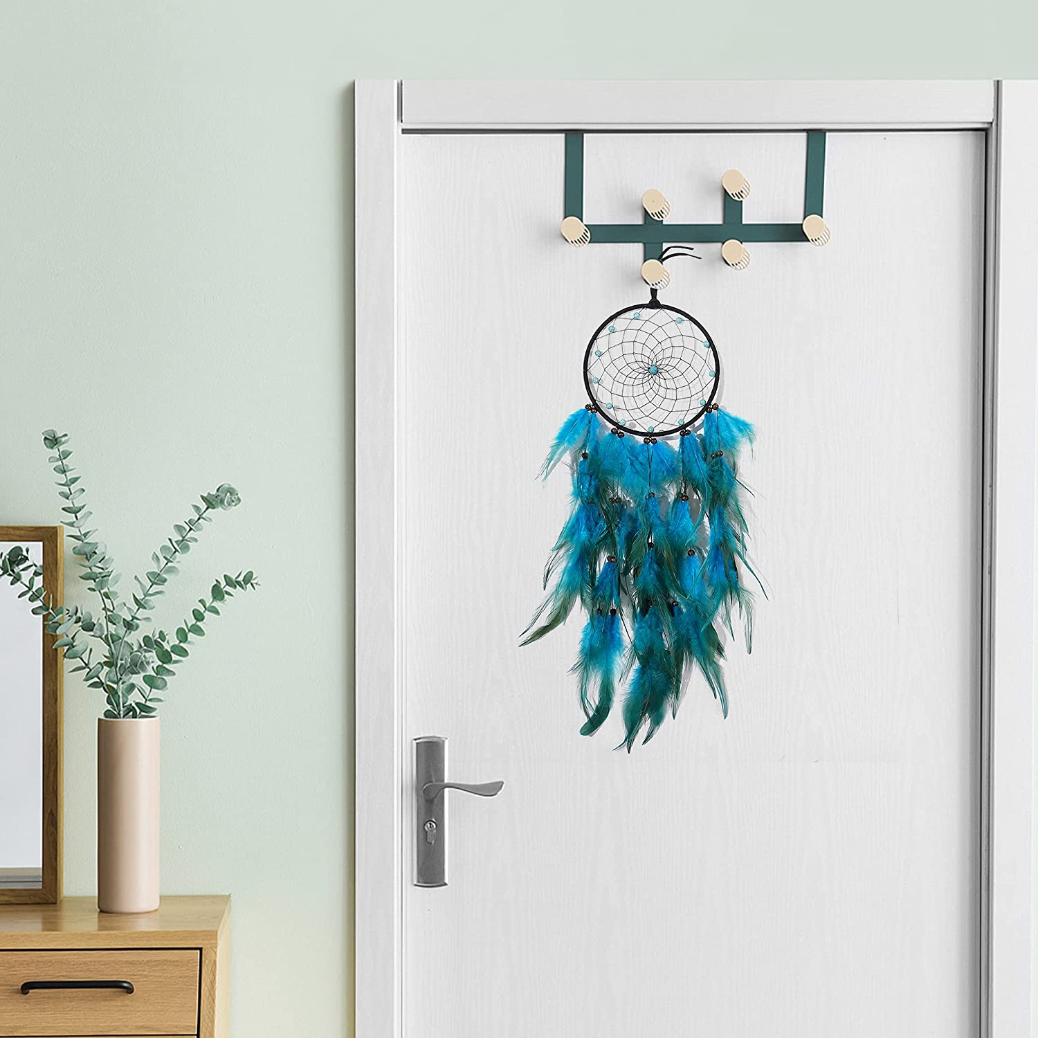 Dream Catchers with Blue Feathers, Handmade Boho Traditional Circular Net Dreamcatcher Wall Hanging Decor for Bedroom Dorm Home Ornaments Craft Gift (Black Circle) - 03-Feather-Blue image number 3