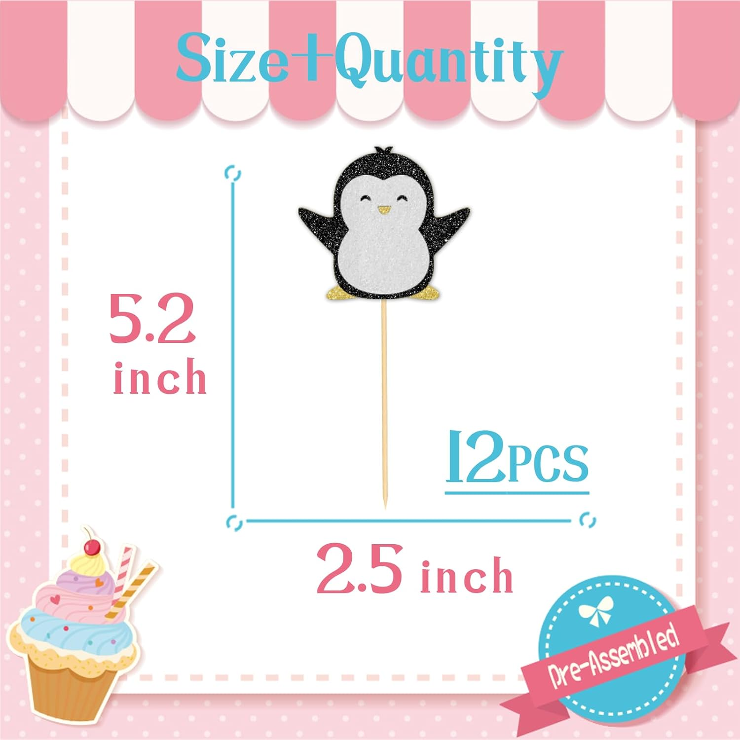 Penguin Cupcake Toppers, Penguin Baby Shower Party Decorations, Kids Birthday Party Cupcake Picks, Winter Onederland Party Supplies, 12Pcs image number 1