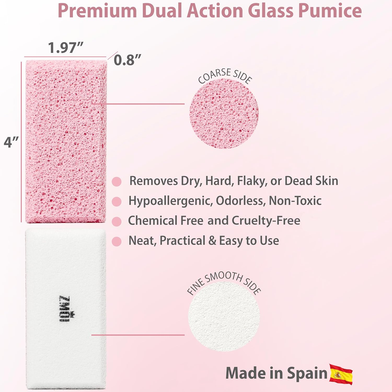 ZMOI Glass Pumice Stone Callus Remover for Feet, Elbows, Hands, and Knees, Spain Made - 2 in 1 Pedicure Exfoliator and Scrubber for Rough, Hard Skin (Pink Color) image number 1