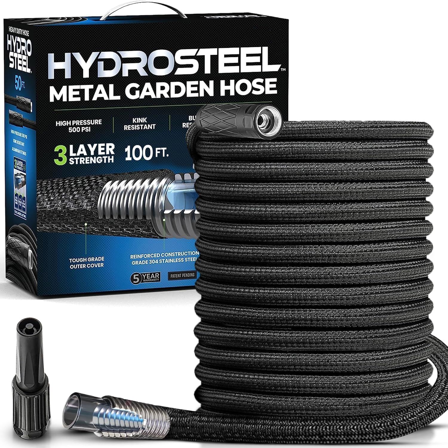 HYDROSTEEL Metal Garden Hose 100 Ft with Nozzle, Water Hose 100Ft, Heavy Duty 3X Layer Stainless Steel Flexible 100 Ft Garden Hose, Lightweight, Easy to Coil, Kink Resistant, 500 PSI as SEEN on TV image number 2