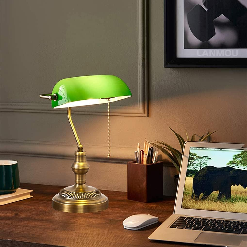 OIJVRHN Desk Lamp Retro Green Glass Shade Polished Brass Metal Base E27 Bankers Table Lamp with Pull Line Switch image number 2