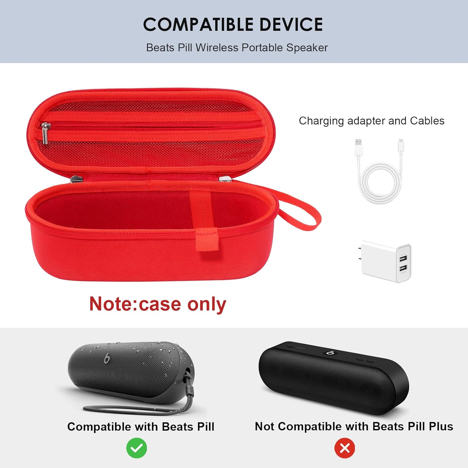 Procase Hard Carrying Case for Beats Pill Wireless Portable Speaker, Protective Waterproof Storage Holder with Extra Mesh Pocket for 2024 New Beats Pill and Accessories - Statementred