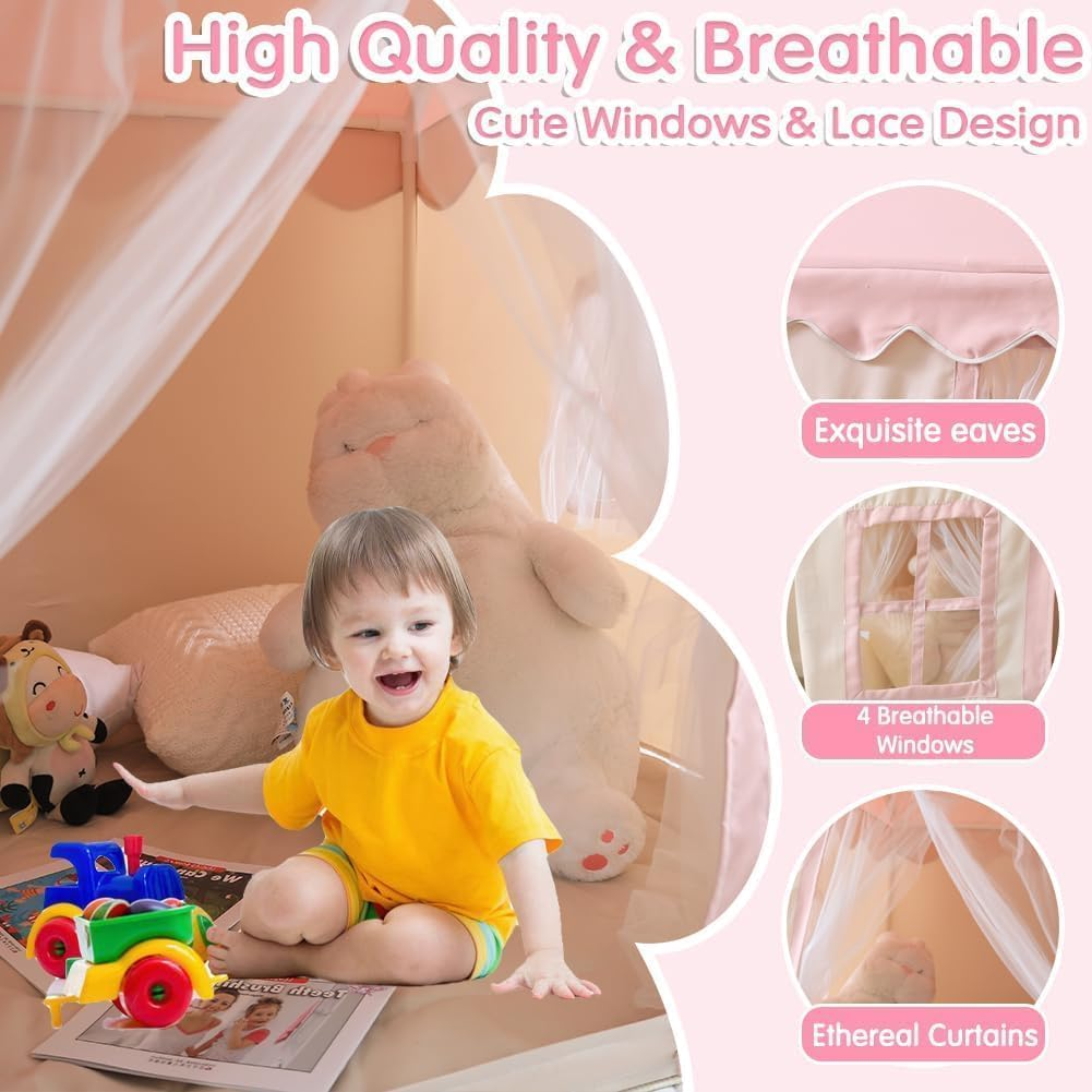 Large Kids Play Tent with Mat, Play Tent Indoor with Star Lights, Flag and Windows, Playhouse for Boys and Girls Aged 3, Kid Tent with Mat Washable (Pink) image number 1