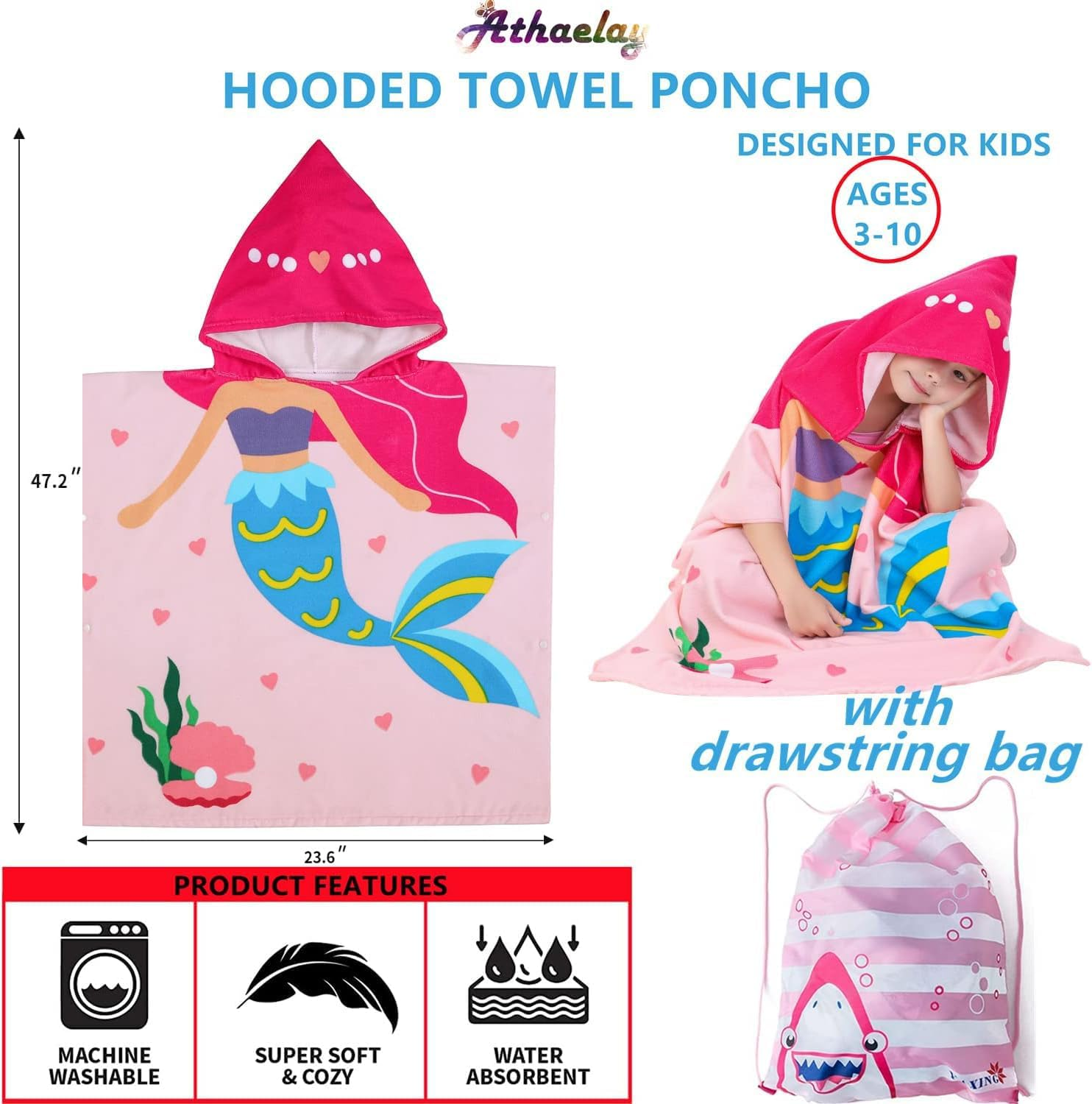 Kids Hooded Towel, Kids Bath Towel, Microfiber Bath Towel, Super Soft Robe Poncho Bathrobe, Swimming Beach Holiday Water Playing Pool Bath Cover Ups for 1 to 6 Years Toddler Boys Girls